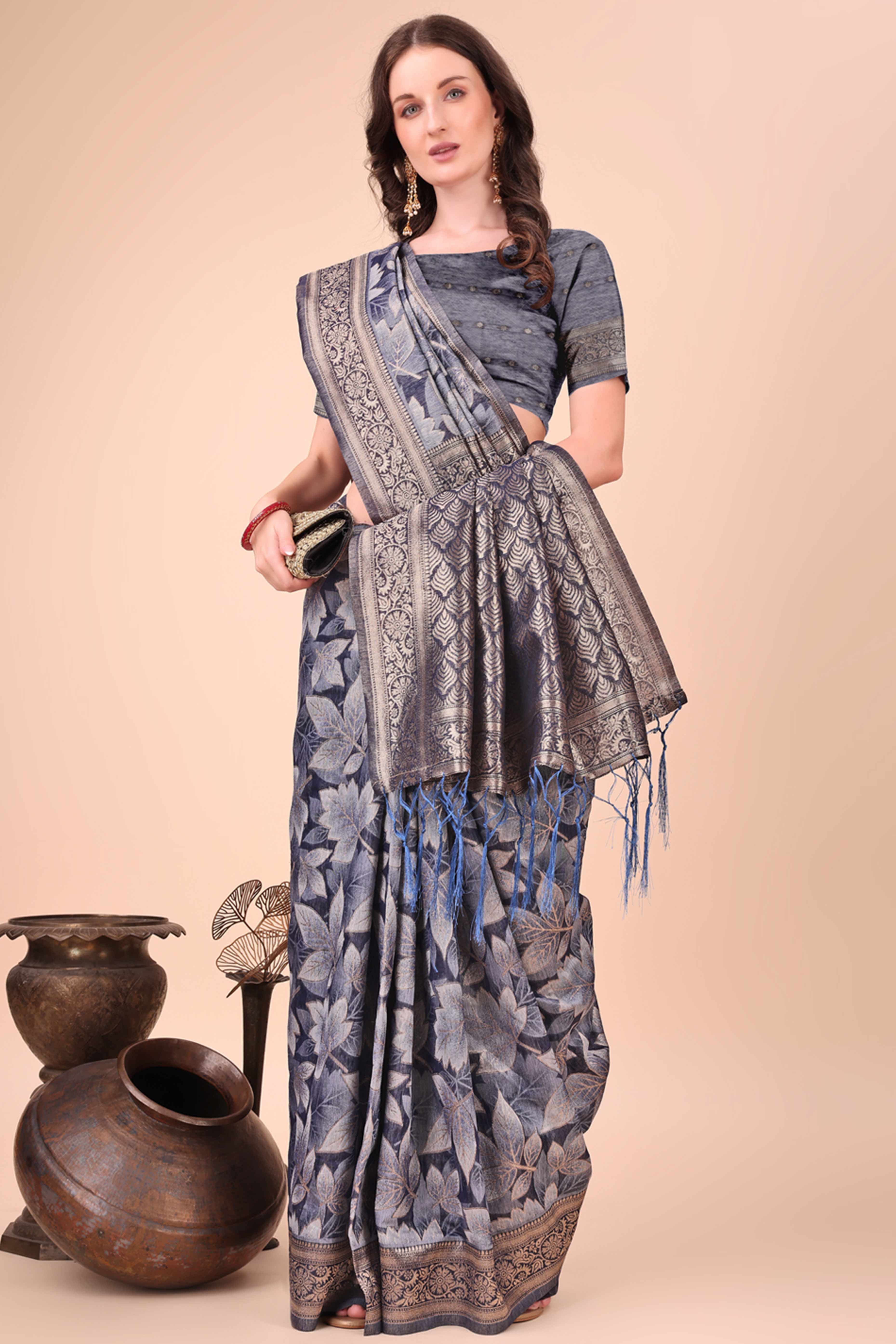 Navy Blue Floral Zari Woven Cotton Blend Saree With Soft Tassel Edging