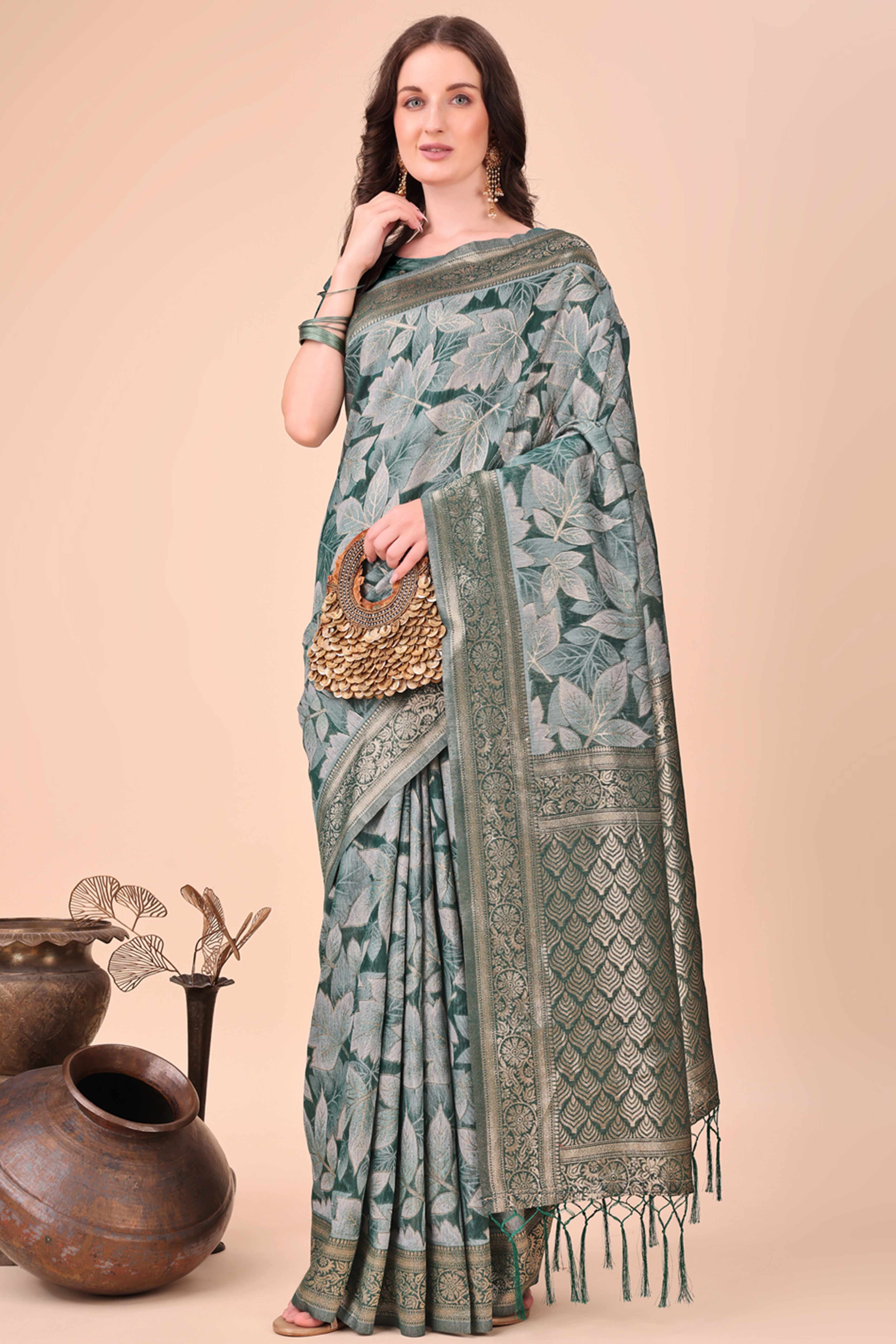 Green Floral Zari Woven Cotton Blend Saree With Soft Tassel Edging
