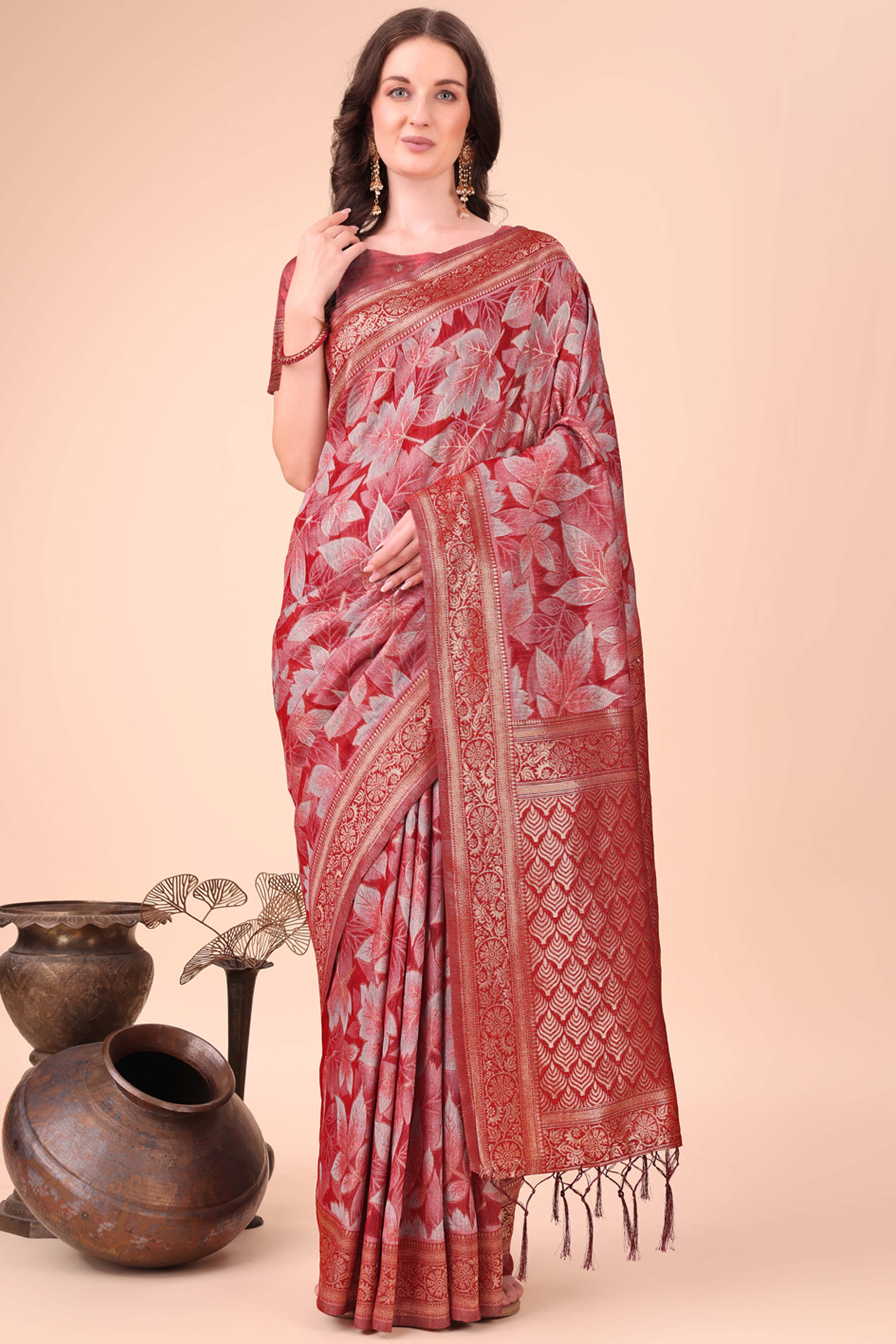 Red Floral Zari Woven Cotton Blend Saree With Soft Tassel Edging