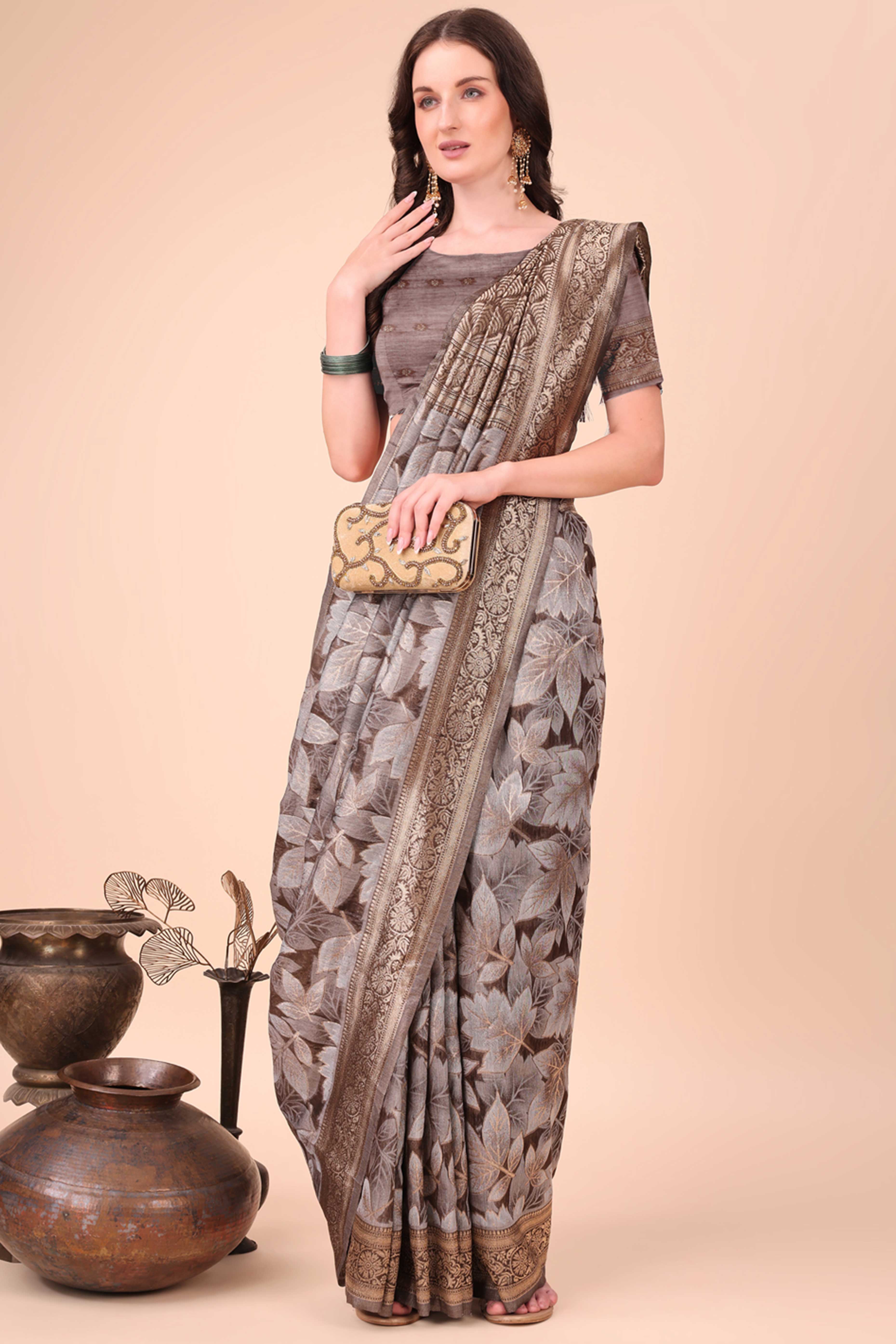 Brown Floral Zari Woven Cotton Blend Saree With Soft Tassel Edging