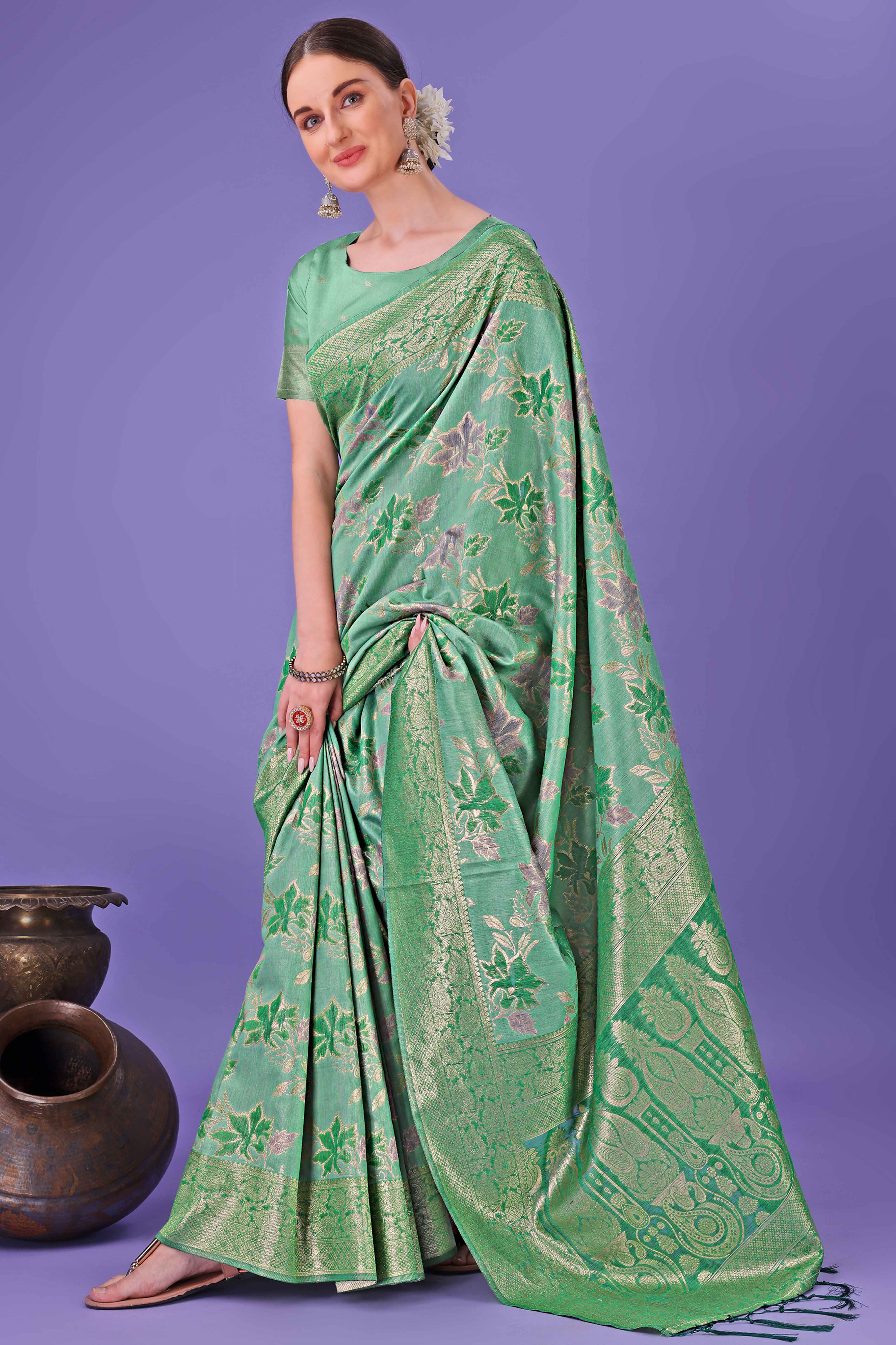 Green Floral Zari Woven Saree in a Lustrous Cotton Silk Blend
