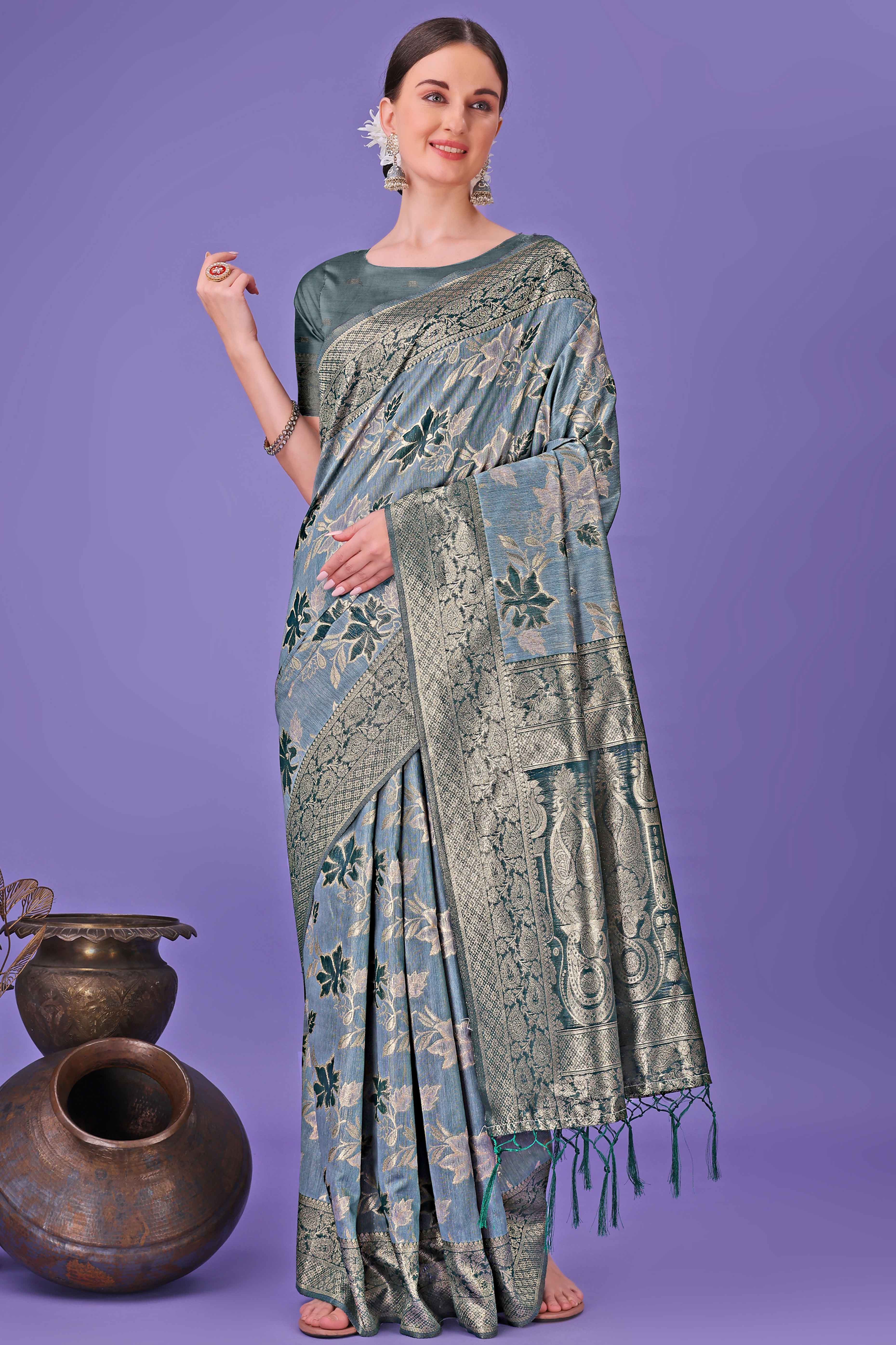 Teal Floral Zari Woven Saree in a Lustrous Cotton Silk Blend