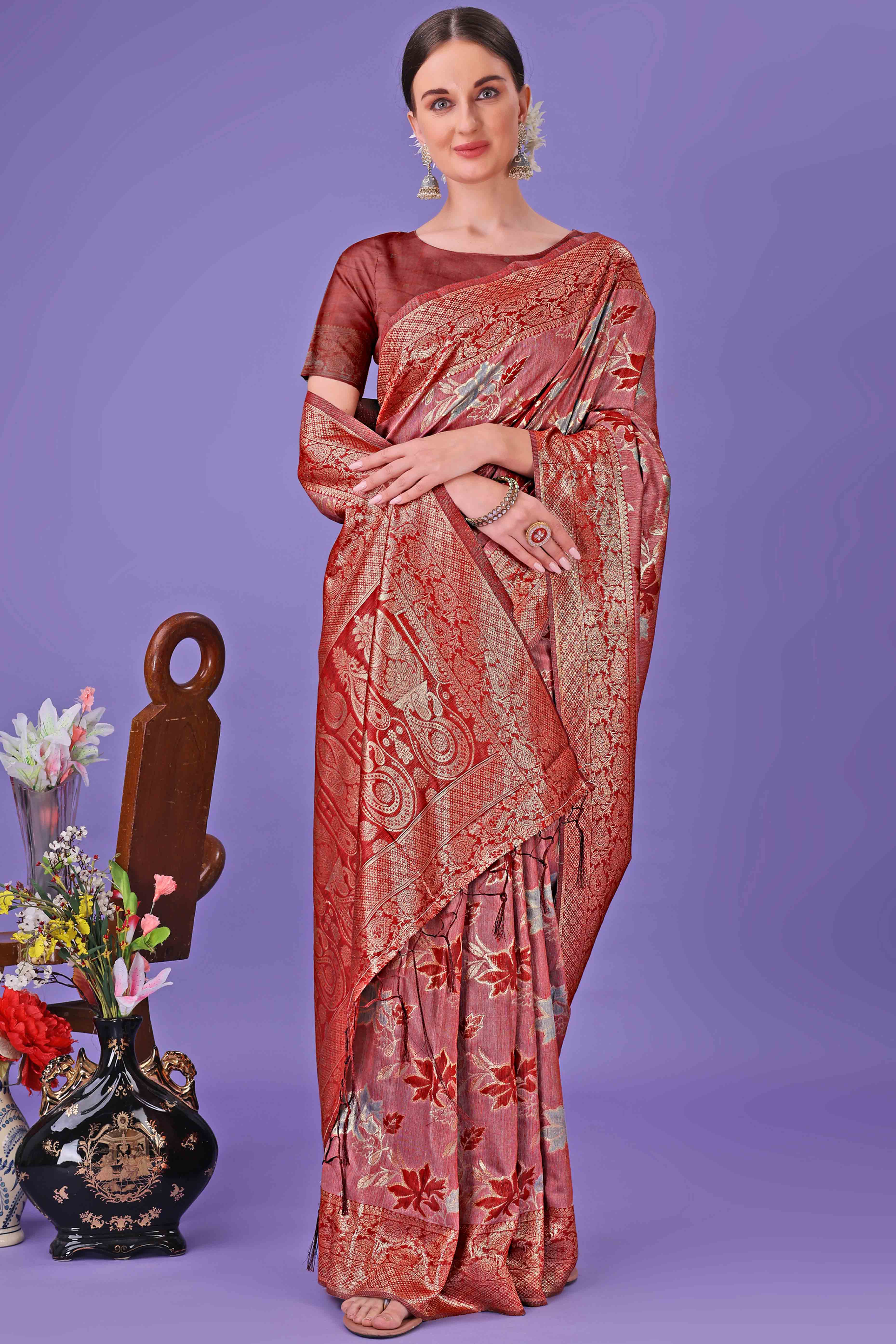 Red Floral Zari Woven Saree in a Lustrous Cotton Silk Blend