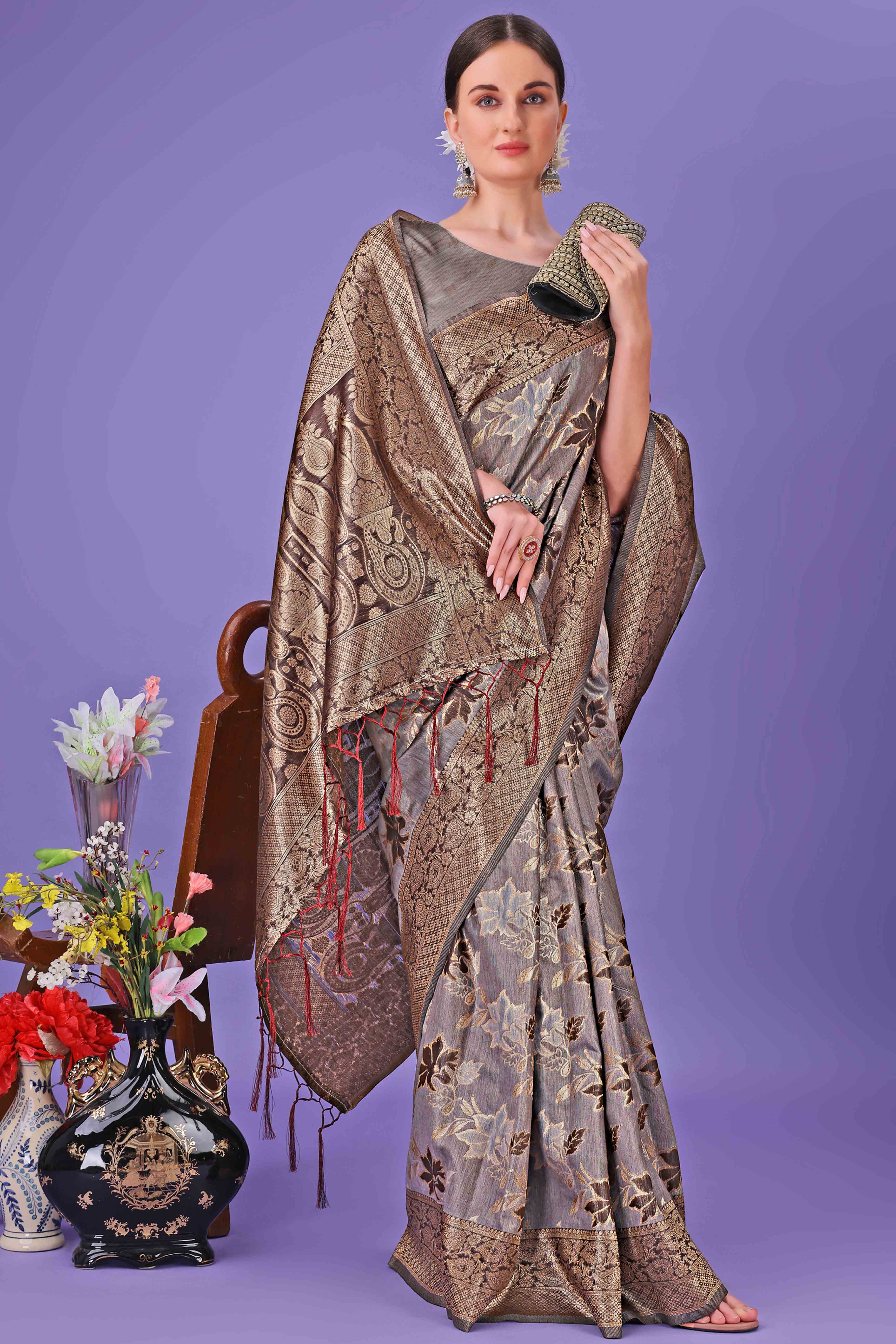 Grey Floral Zari Woven Saree in a Lustrous Cotton Silk Blend