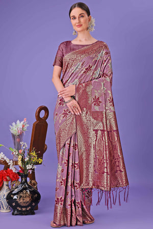 Purple Floral Zari Woven Saree in a Lustrous Cotton Silk Blend