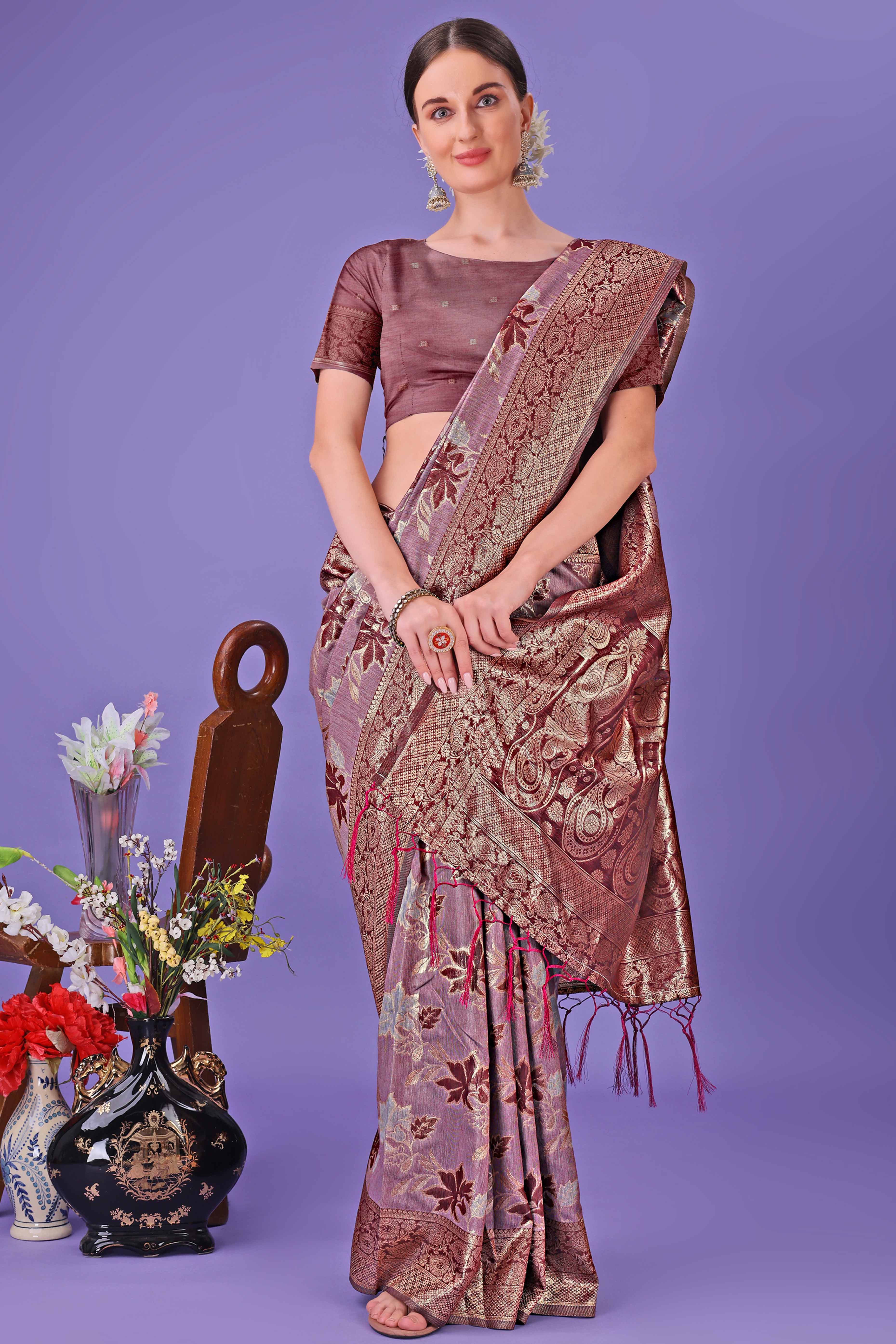 Maroon Floral Zari Woven Saree in a Lustrous Cotton Silk Blend