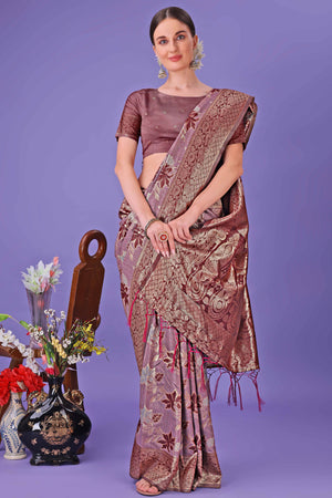 Maroon Floral Zari Woven Saree in a Lustrous Cotton Silk Blend