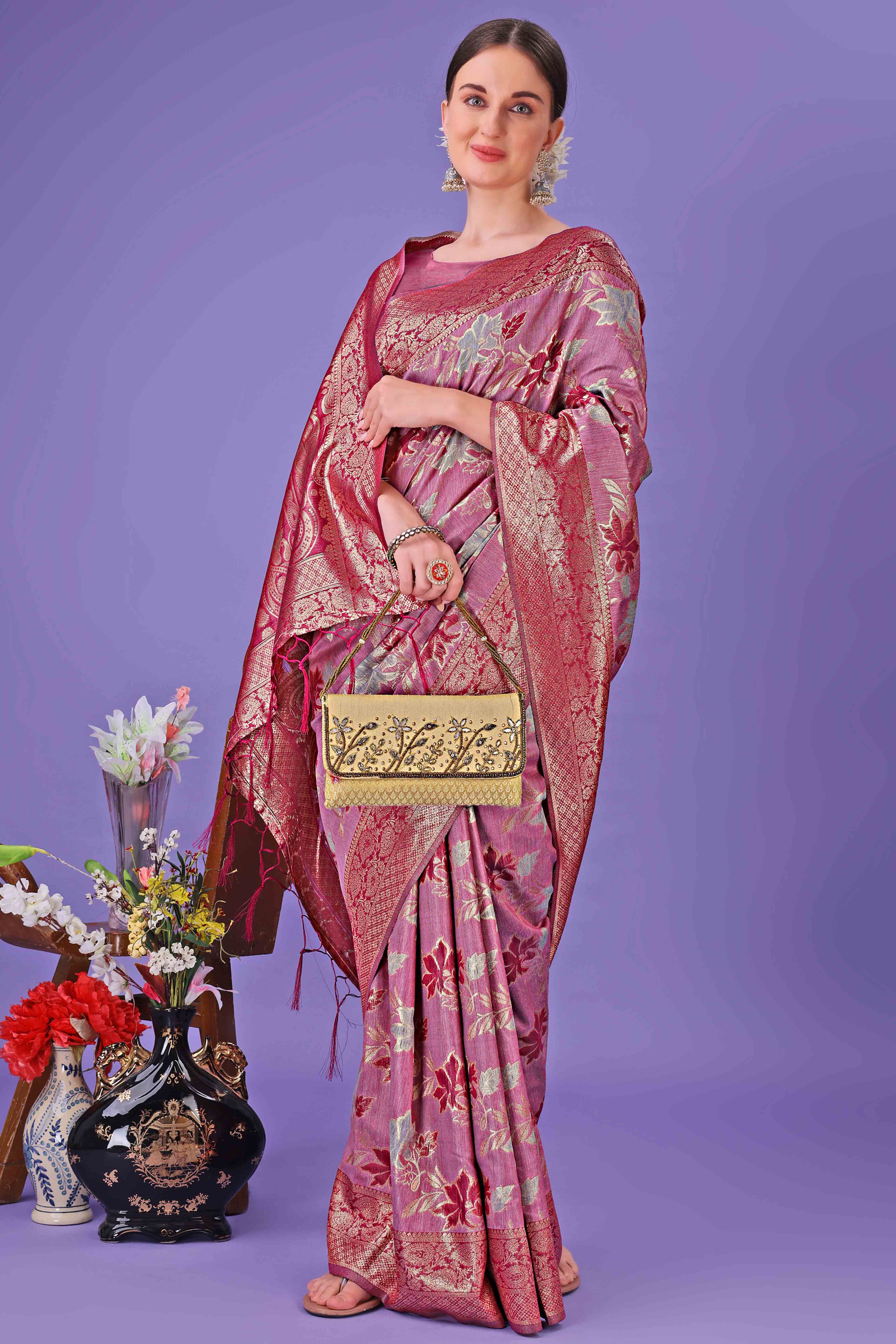 Pink Floral Zari Woven Saree in a Lustrous Cotton Silk Blend