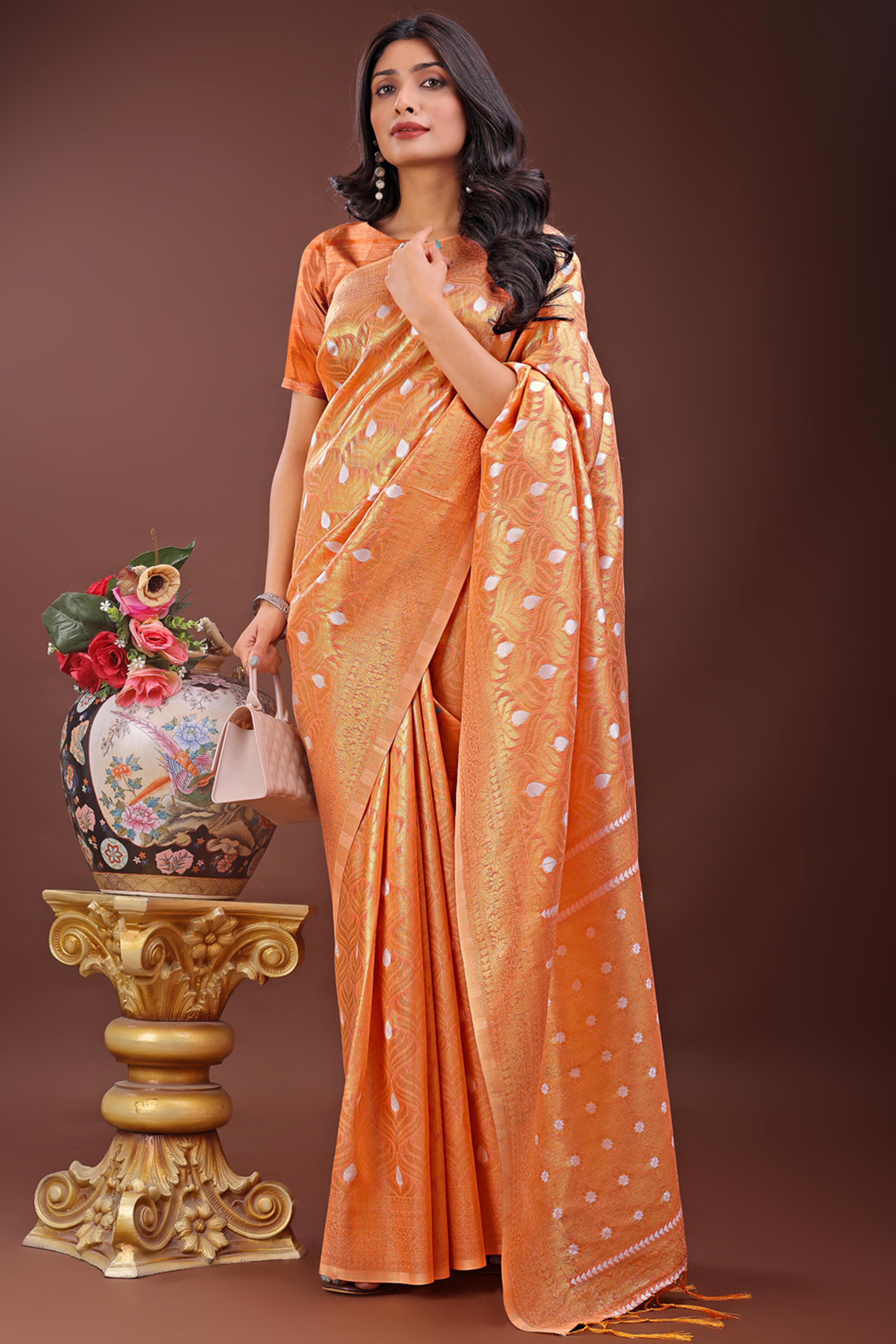 Peach Zari Work Cotton Silk Saree Finished with Luxe Tassels