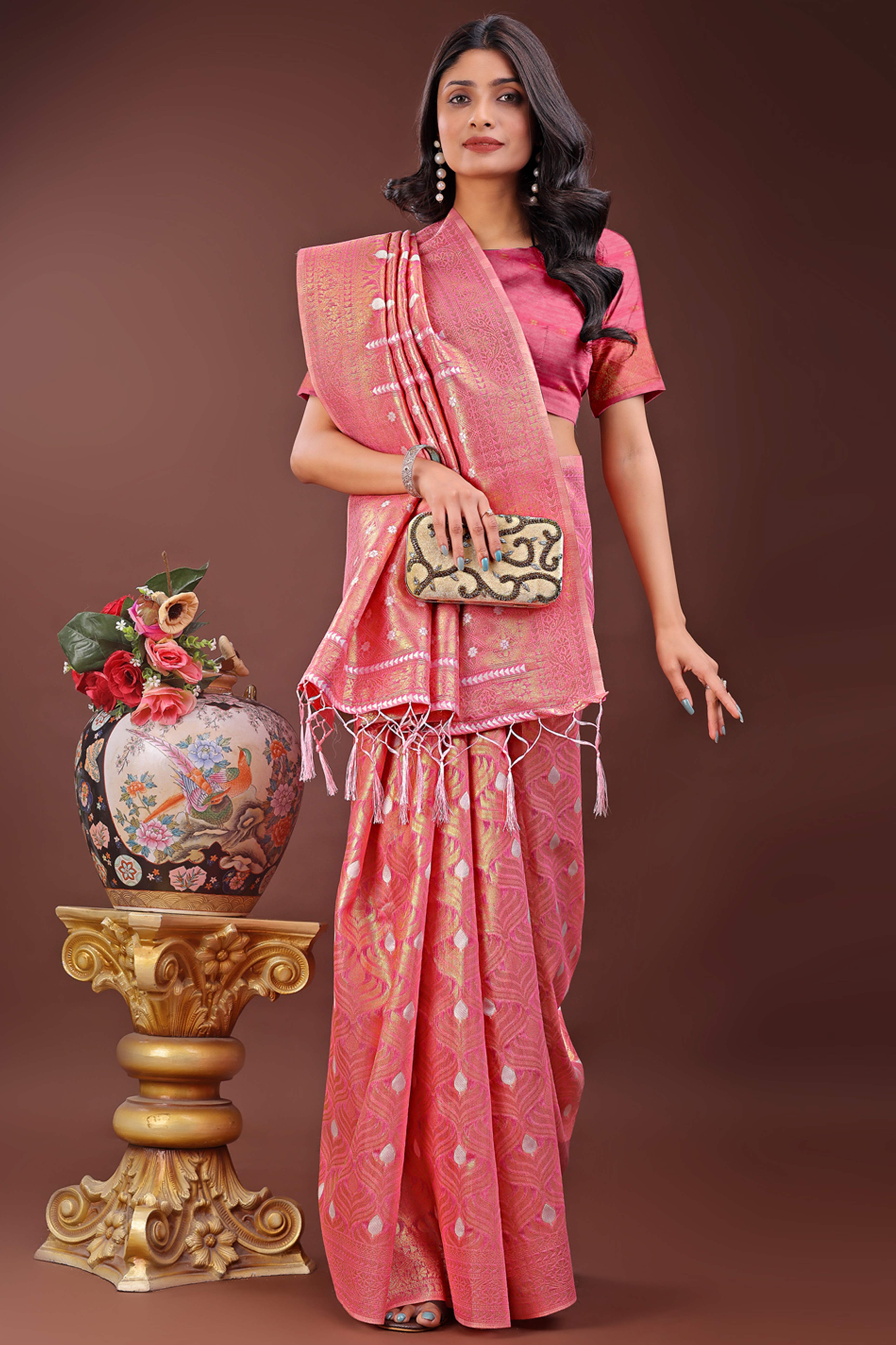 Pink Zari Work Cotton Silk Saree Finished with Luxe Tassels