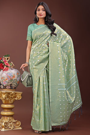 Sea Green Zari Work Cotton Silk Saree Finished with Luxe Tassels