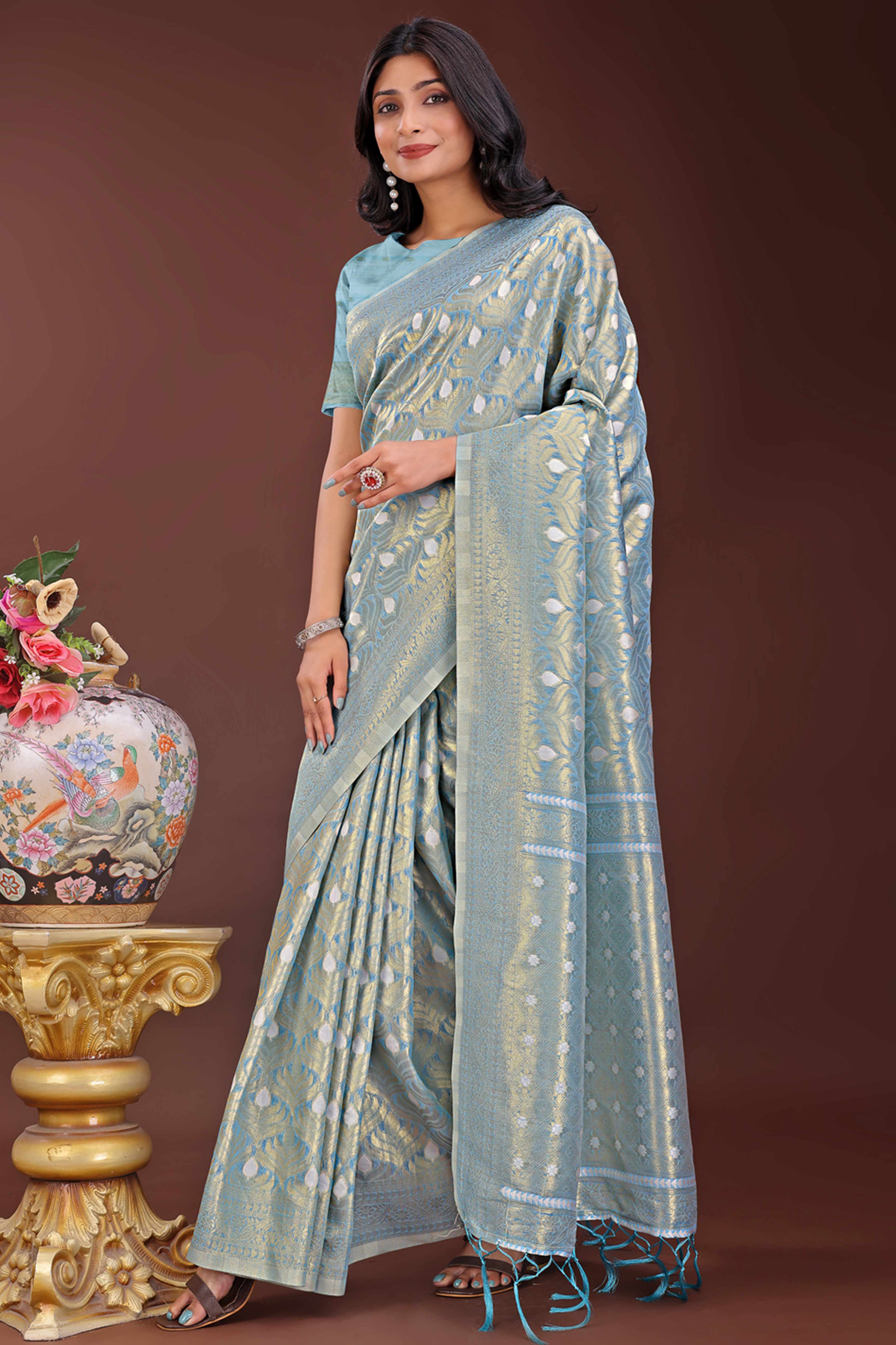 Sky Blue Zari Work Cotton Silk Saree Finished with Luxe Tassels