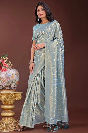 Sky Blue Zari Work Cotton Silk Saree Finished with Luxe Tassels
