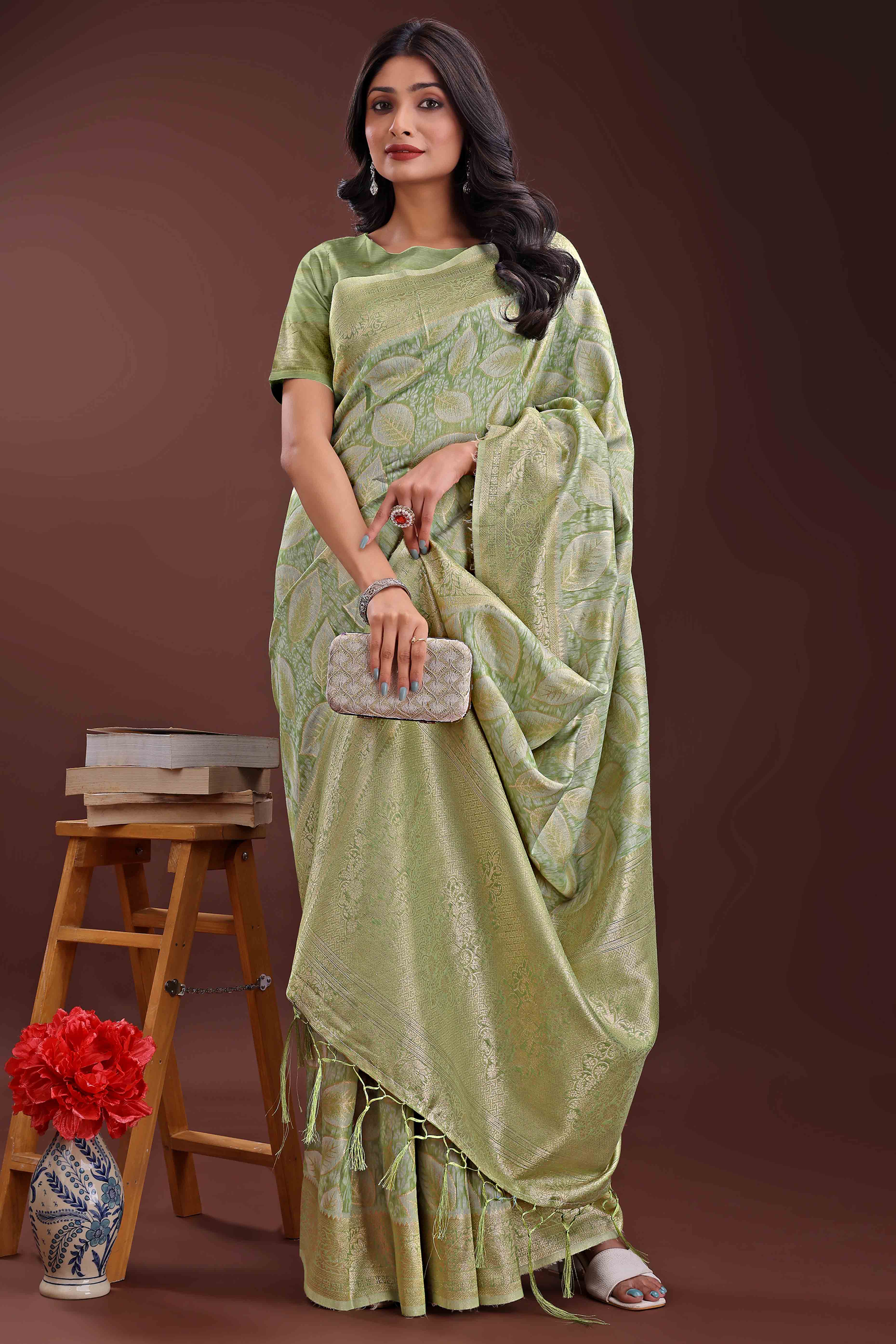 Light Green Brocade Woven Saree in Cotton Silk Blend with Zari Detailing