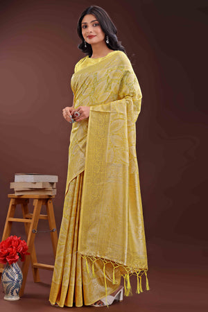 Yellow Brocade Woven Saree in Cotton Silk Blend with Zari Detailing