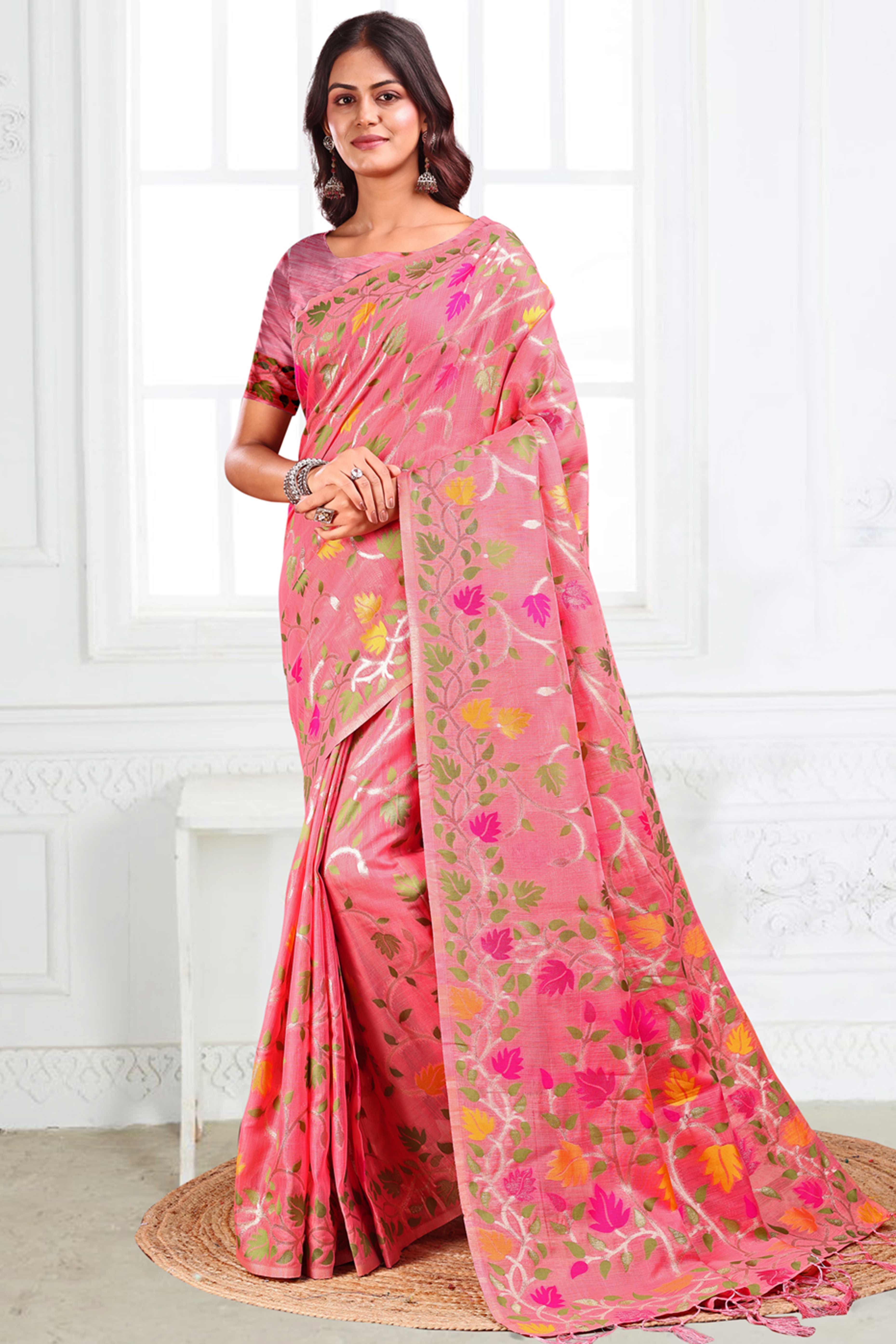 Pink Linen Cotton Silk  Saree Enhanced With Floral Zari Weaving & Tasselled Pallu Finish