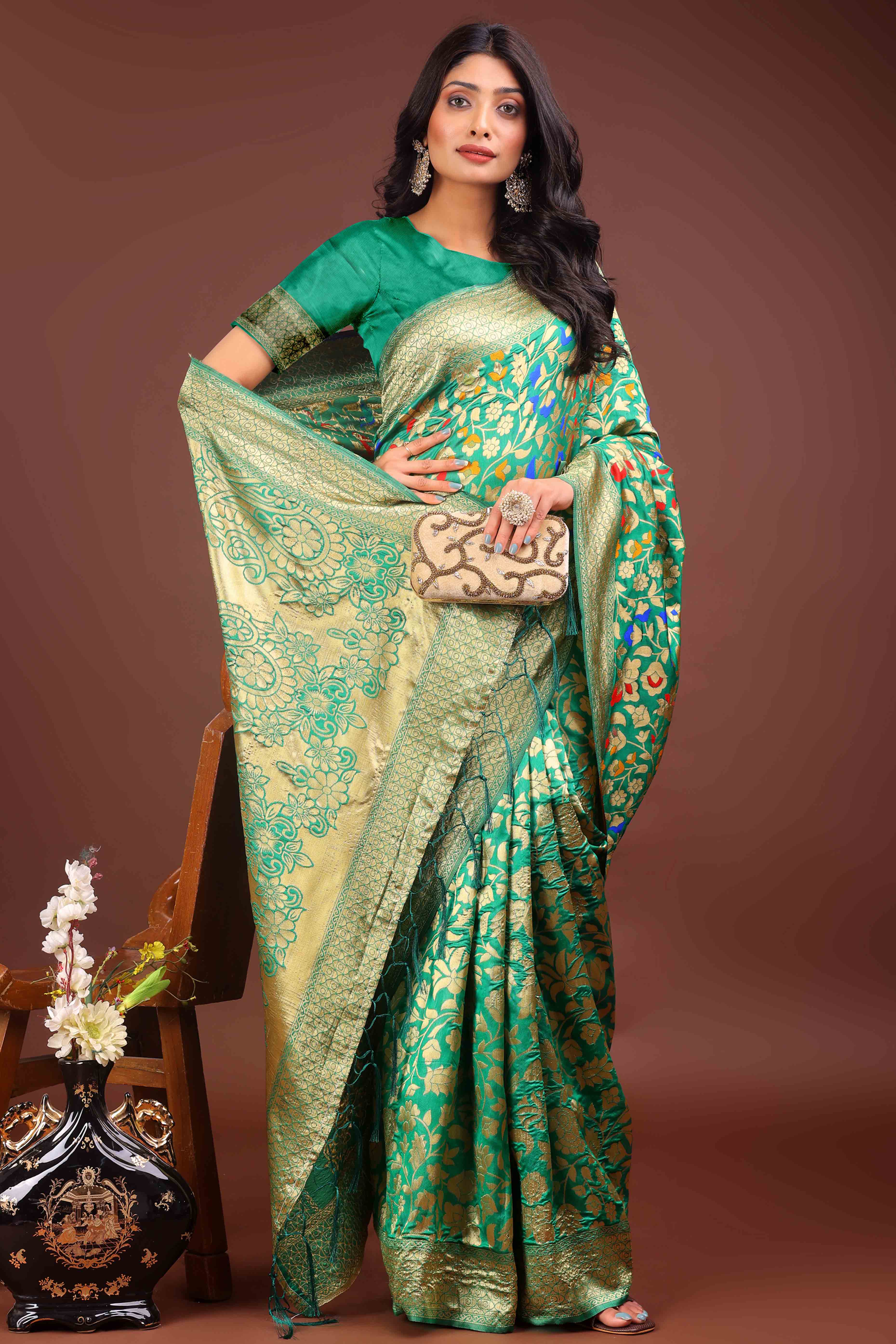 Green Lichi Banarasi Silk Saree With Floral Zari Work & Tassel Border