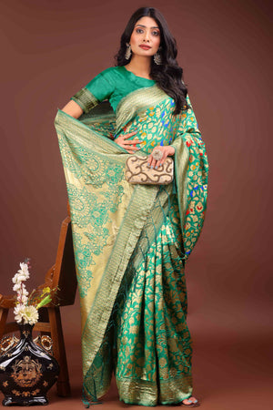 Green Lichi Banarasi Silk Saree With Floral Zari Work & Tassel Border