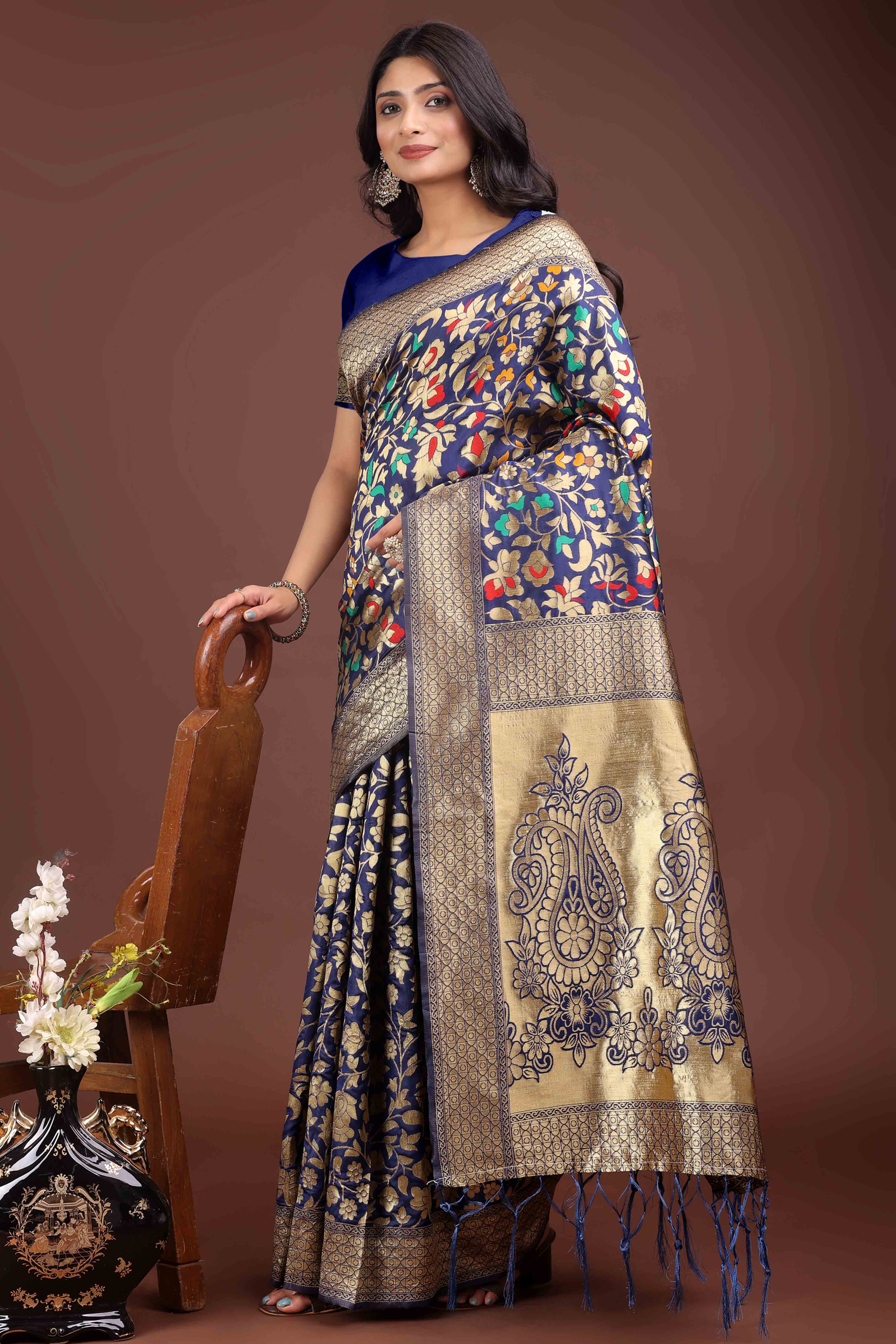 Navy Blue Lichi Banarasi Silk Saree With Floral Zari Work & Tassel Border