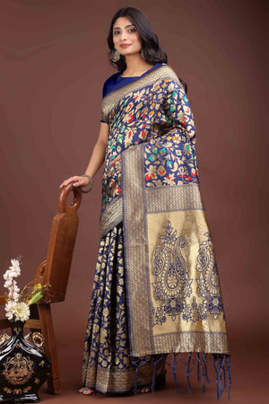 Navy Blue Lichi Banarasi Silk Saree With Floral Zari Work & Tassel Border