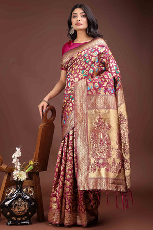 Dark Magenta Lichi Banarasi Silk Saree With Floral Zari Work & Tassel Border