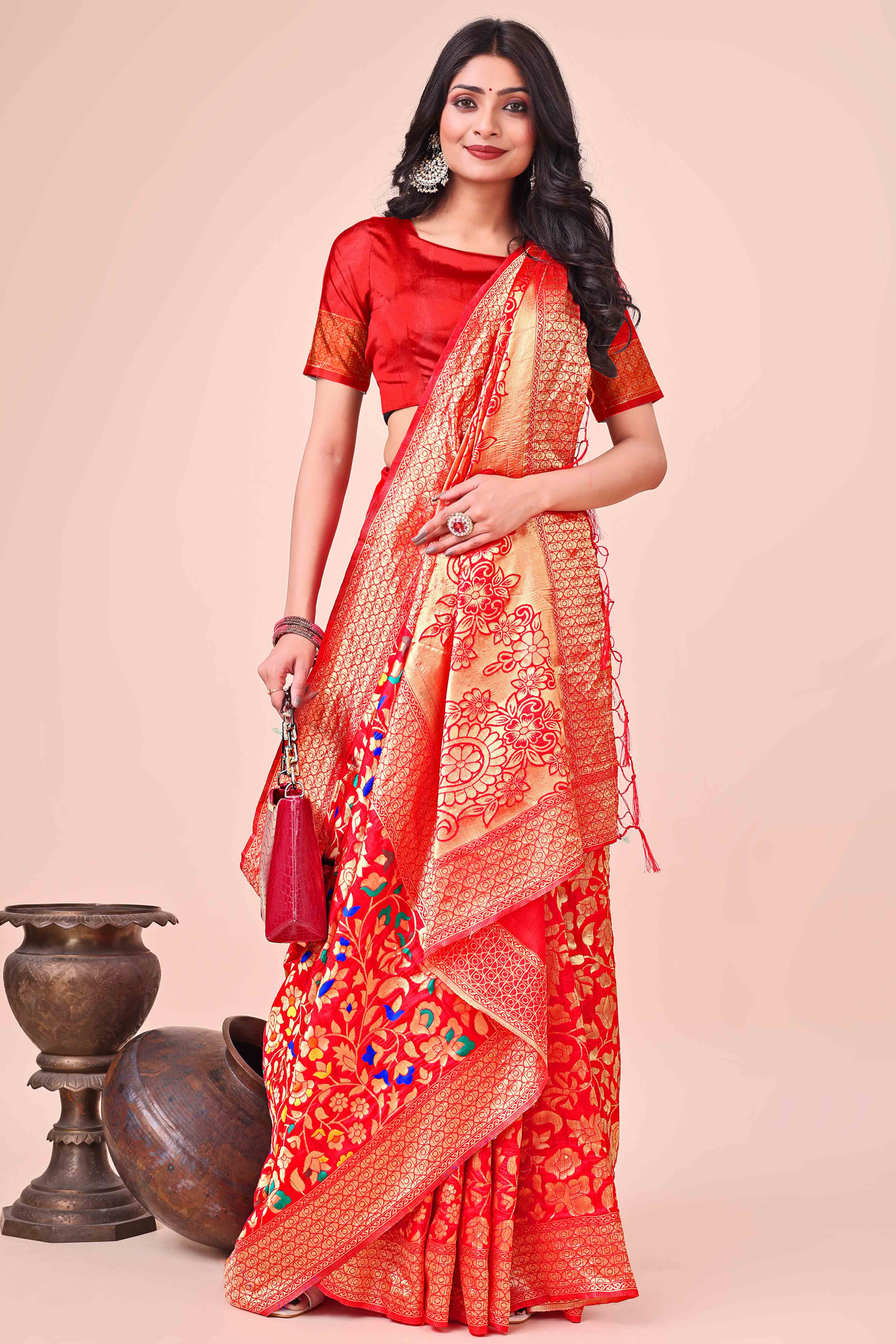 Red Lichi Banarasi Silk Saree With Floral Zari Work & Tassel Border