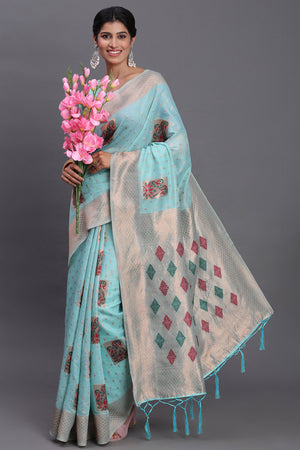 Stylish Sky Blue Floral Zari Weaving Linen Cotton Saree With Graceful Tassel Pallu