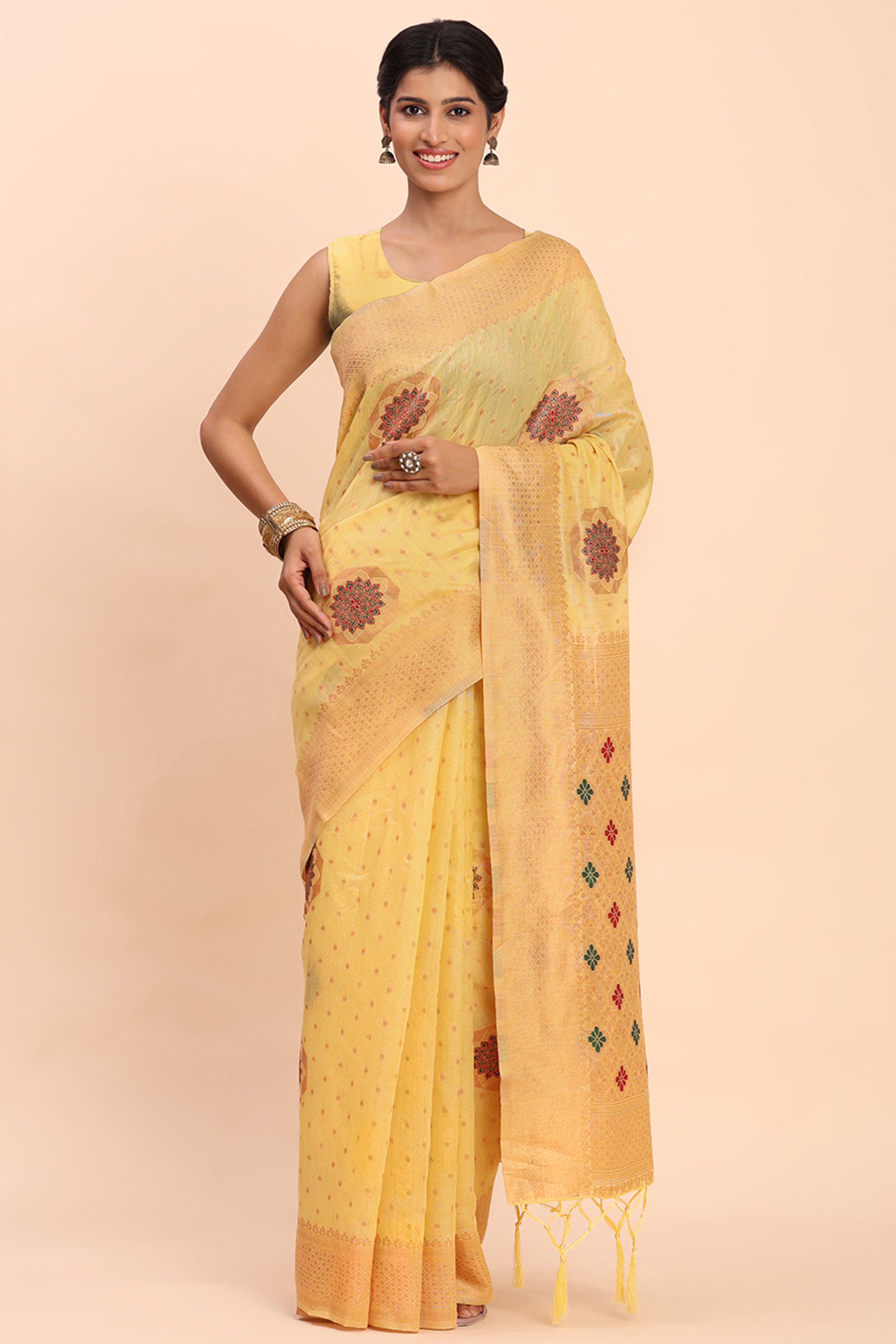 Stylish Yellow Floral Zari Weaving Linen Cotton Saree With Graceful Tassel Pallu