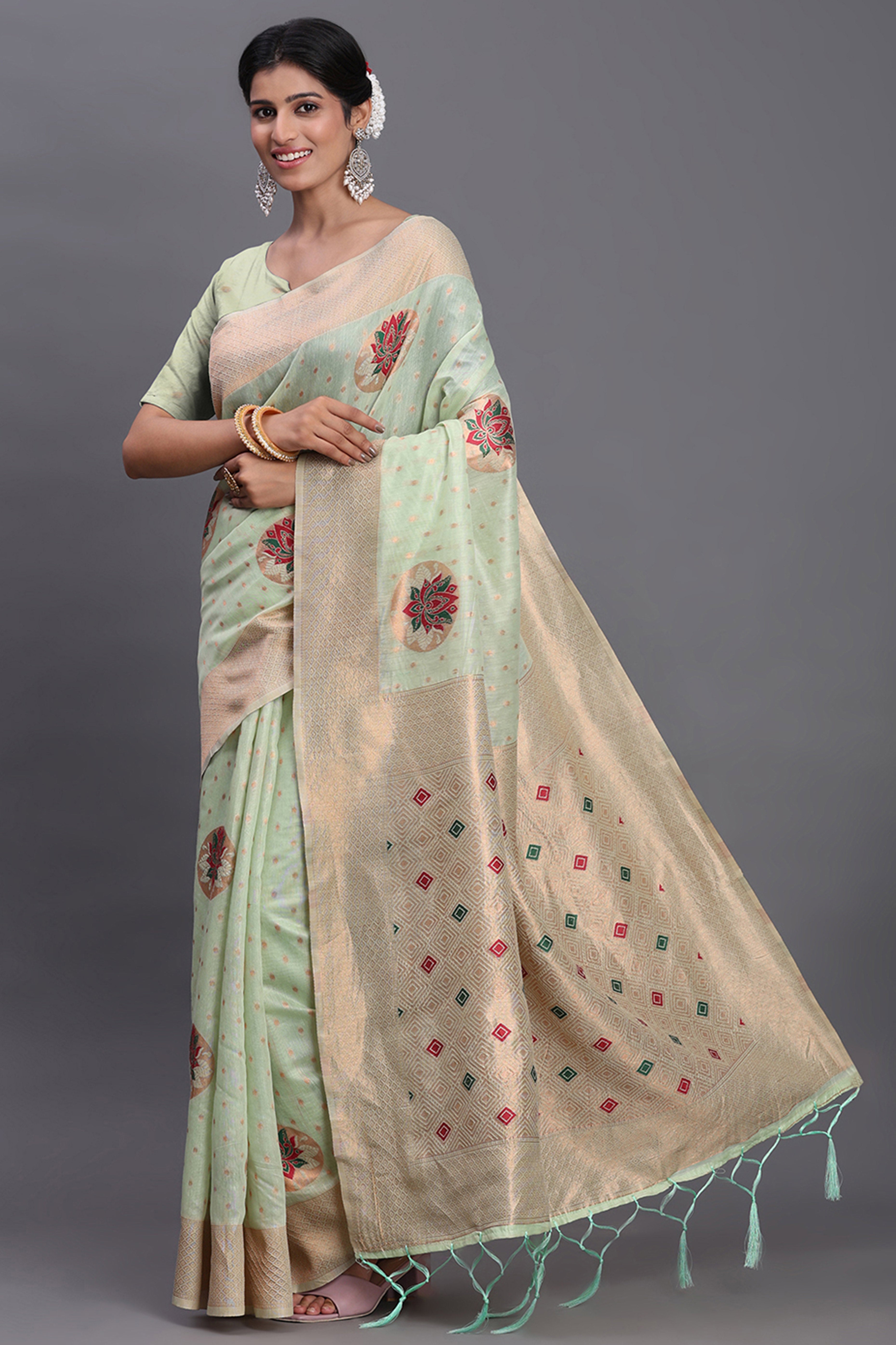 Stylish Light Green Floral Zari Weaving Linen Cotton Saree With Graceful Tassel Pallu
