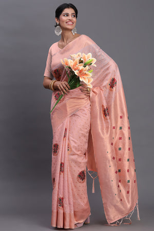 Stylish Light Pink Floral Zari Weaving Linen Cotton Saree With Graceful Tassel Pallu