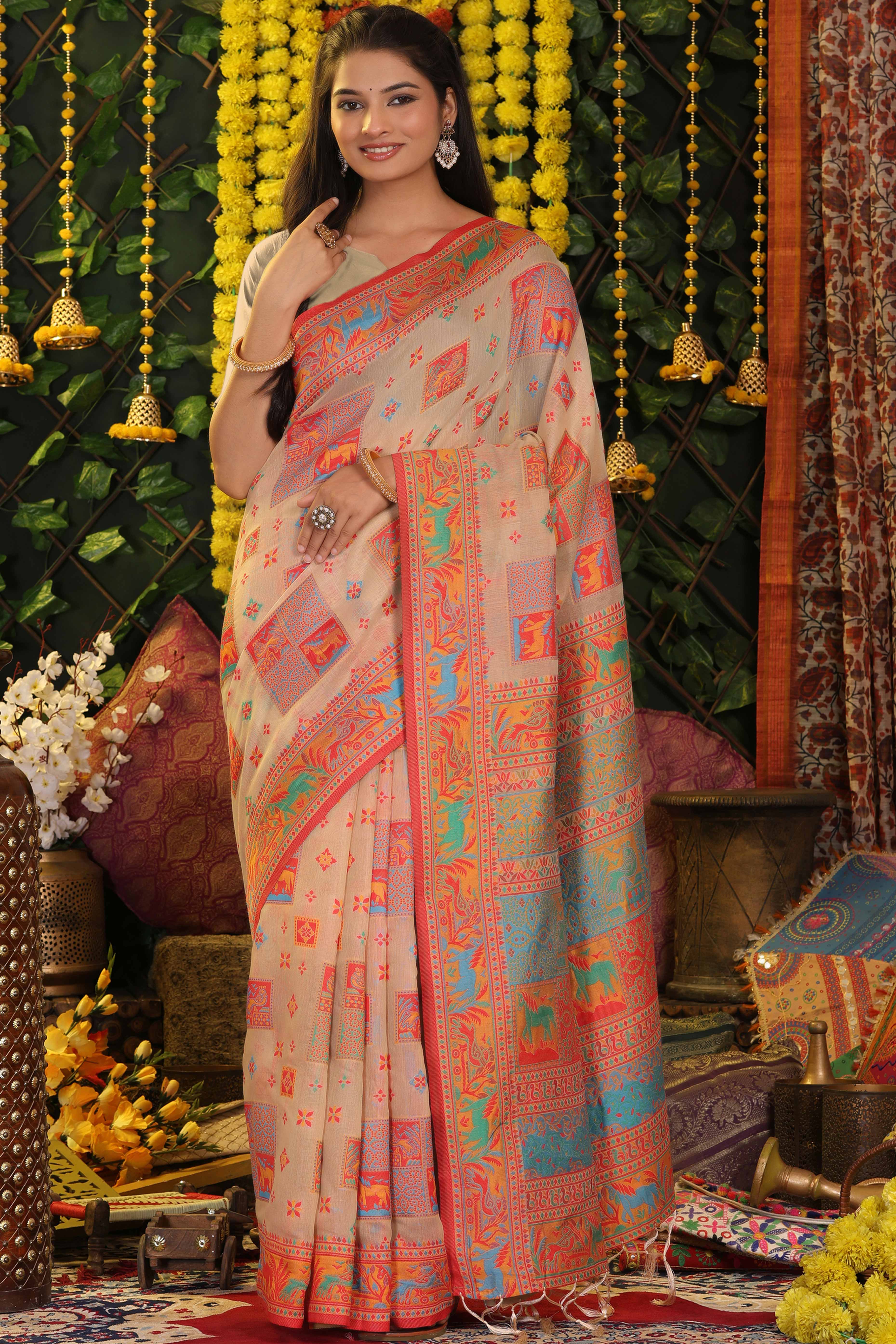 Offwhite Linen Cotton Saree Adorned With Floral Zari Weaving & Tassel Pallu