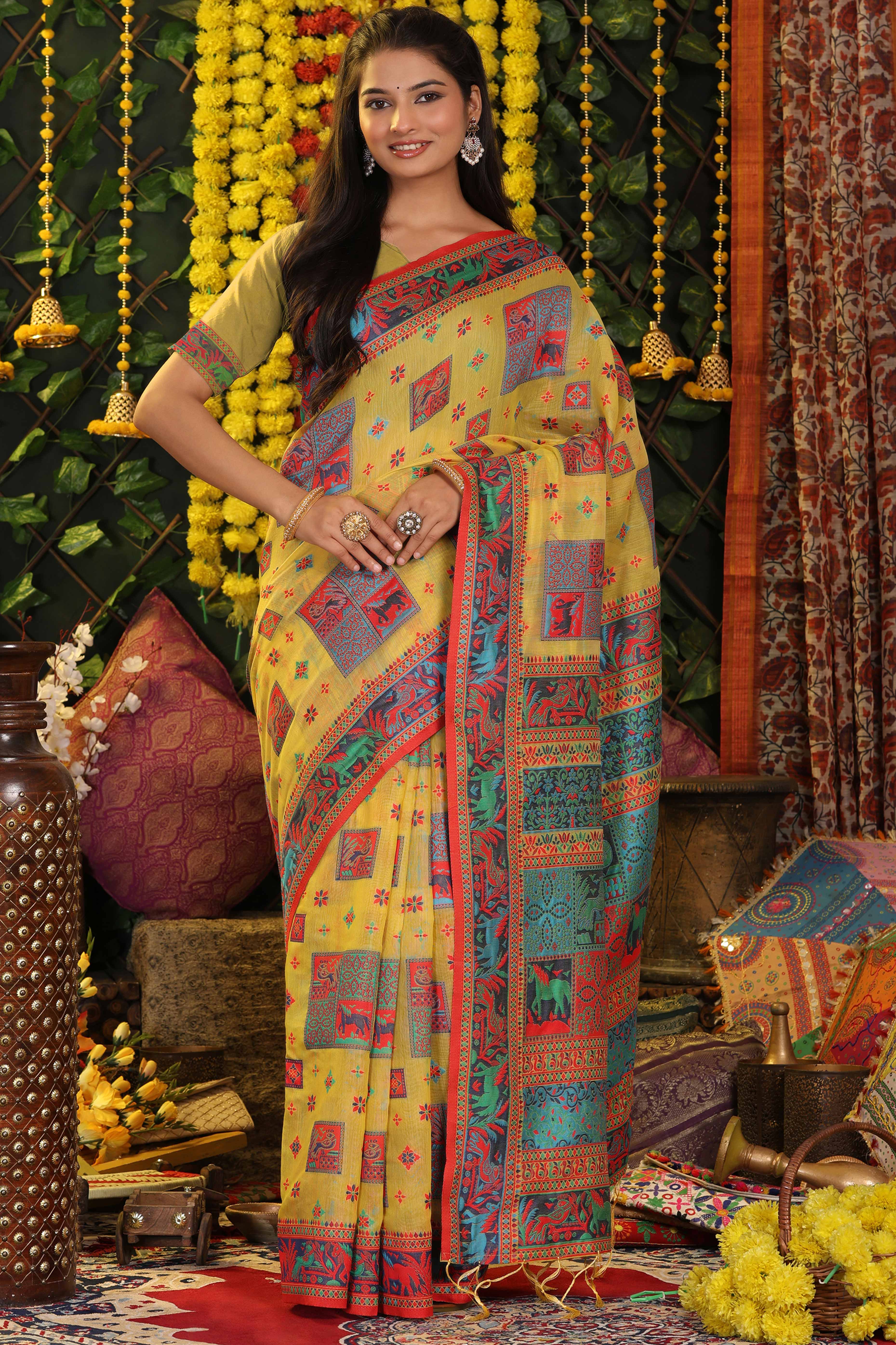 Yellow Linen Cotton Saree Adorned With Floral Zari Weaving & Tassel Pallu