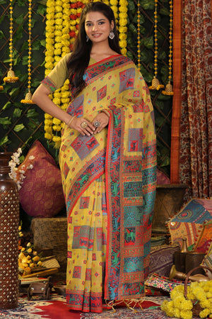 Yellow Linen Cotton Saree Adorned With Floral Zari Weaving & Tassel Pallu