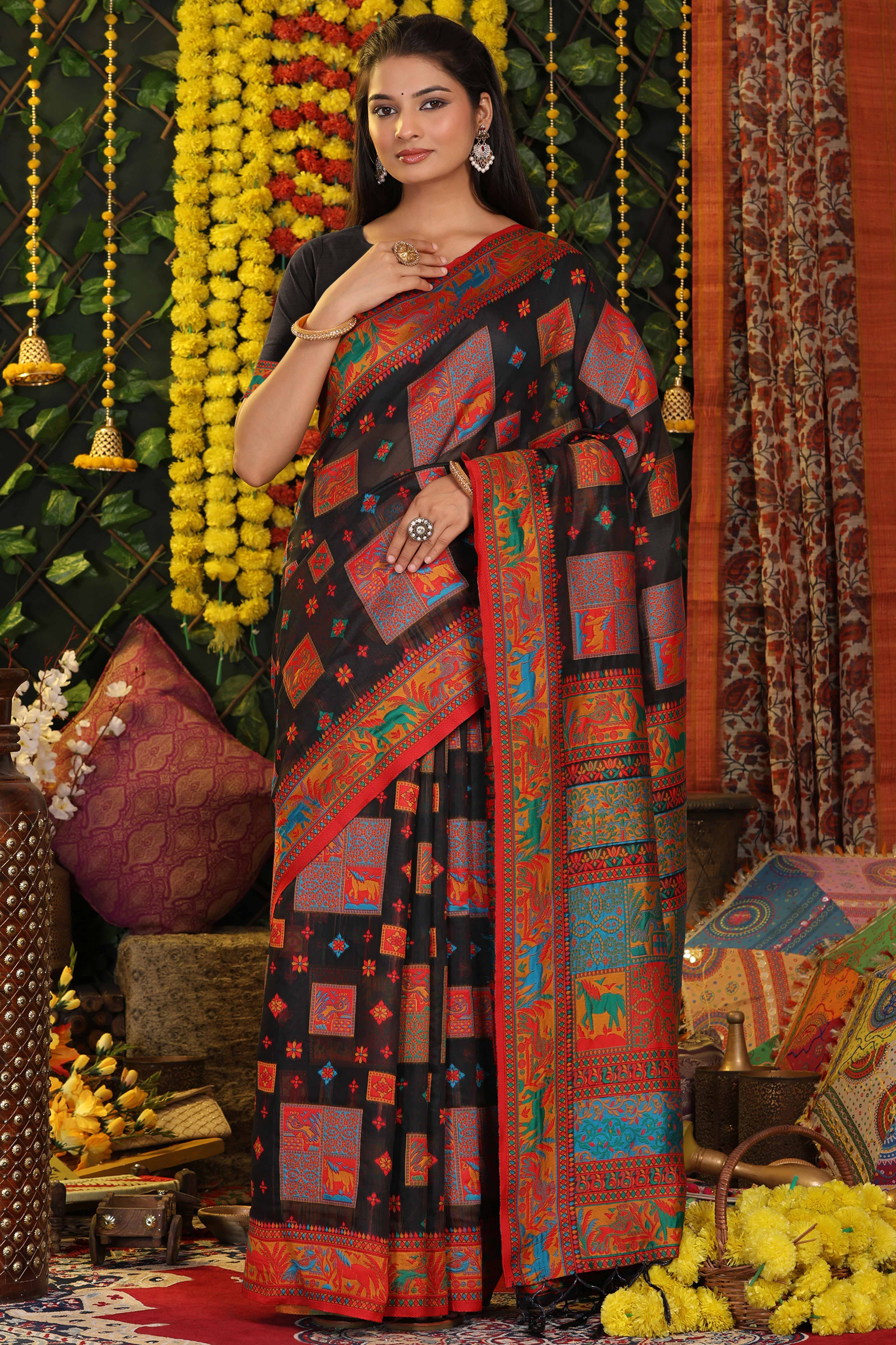 Black Linen Cotton Saree Adorned With Floral Zari Weaving & Tassel Pallu