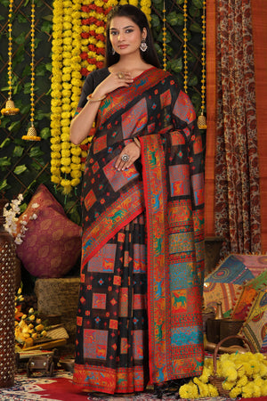 Black Linen Cotton Saree Adorned With Floral Zari Weaving & Tassel Pallu