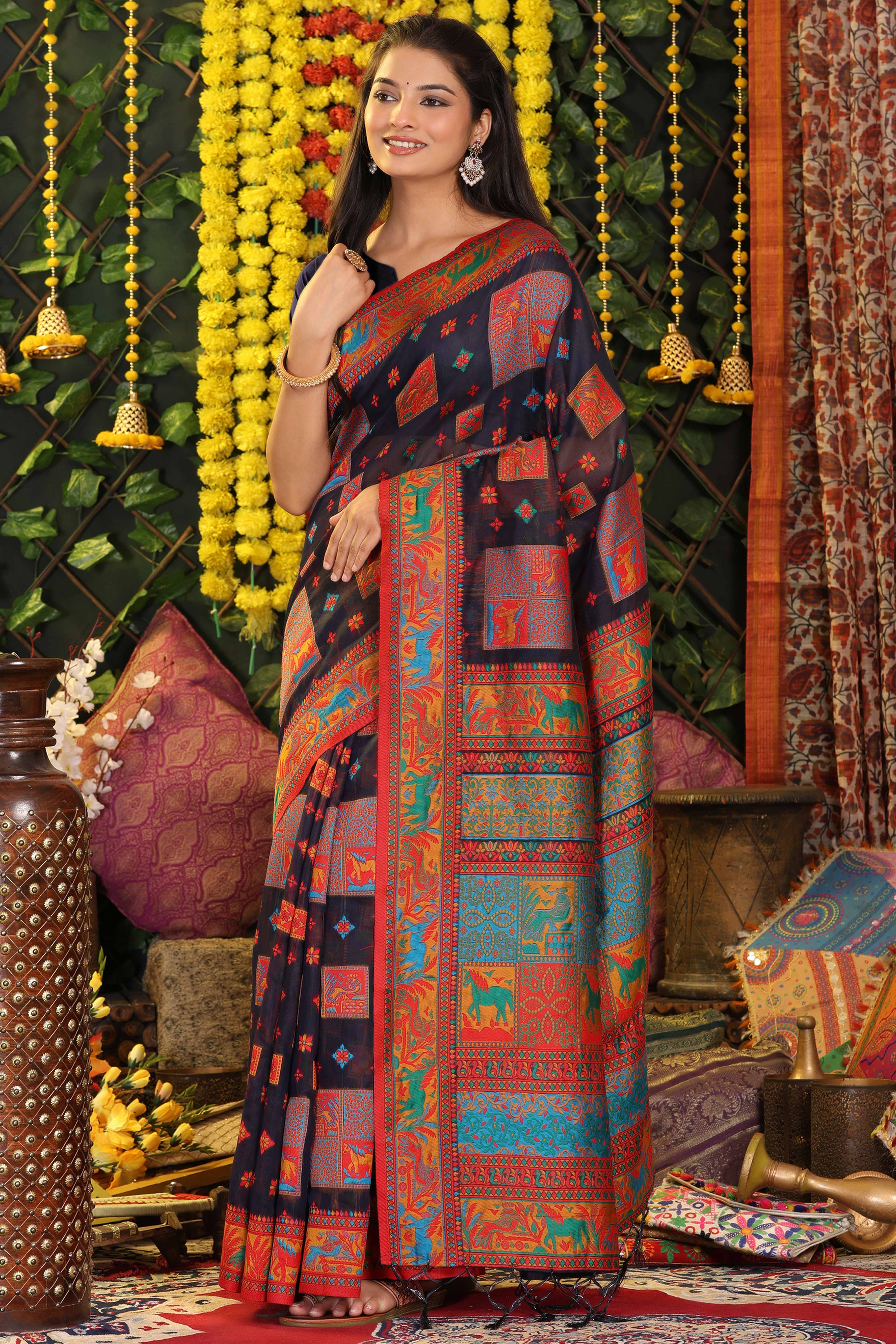 Dark Navy Blue Linen Cotton Saree Adorned With Floral Zari Weaving & Tassel Pallu