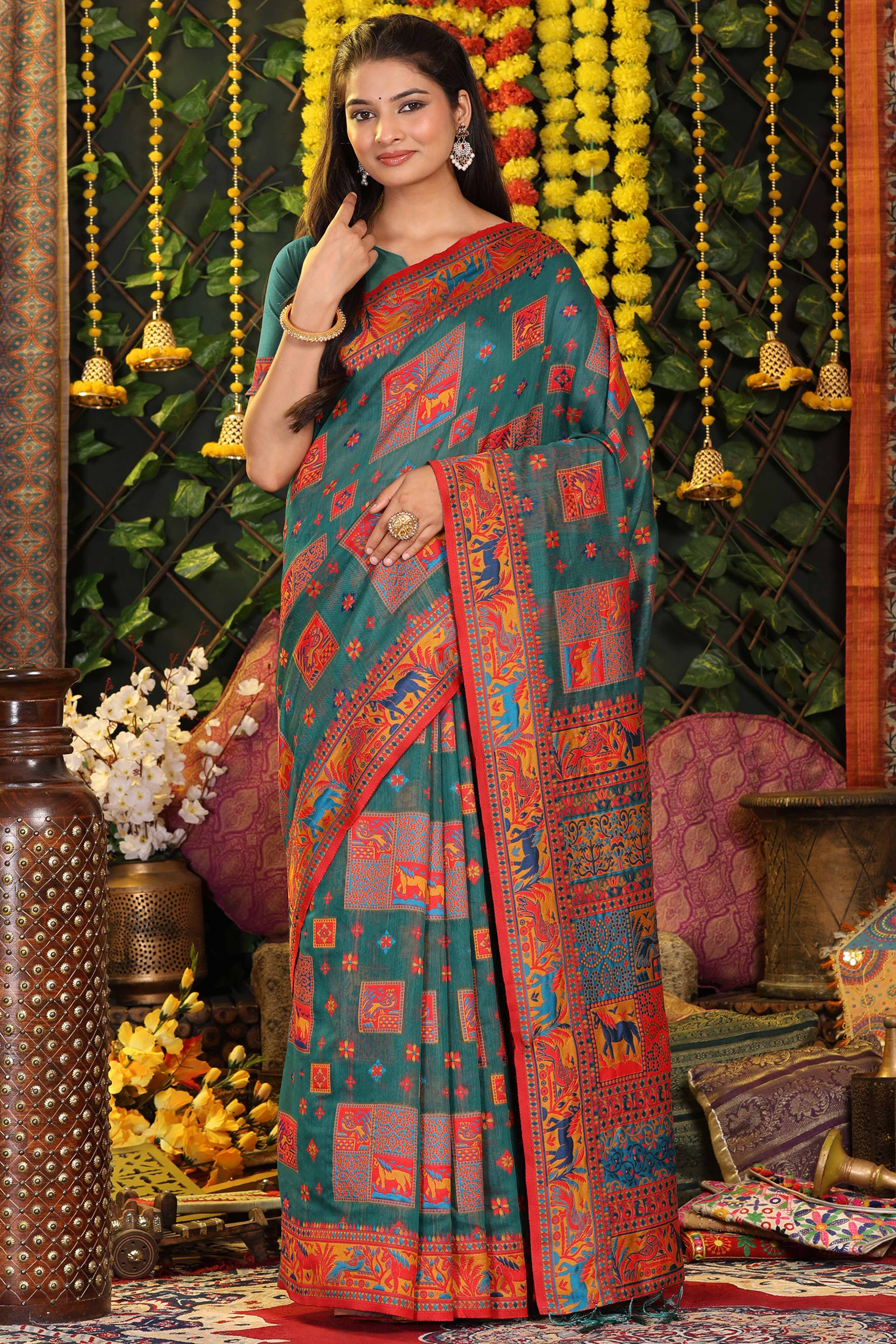 Teal Green Linen Cotton Saree Adorned With Floral Zari Weaving & Tassel Pallu