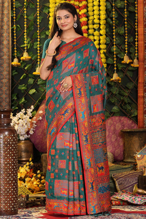 Teal Green Linen Cotton Saree Adorned With Floral Zari Weaving & Tassel Pallu