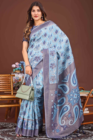 Majestic Zari Woven Blue Linen Cotton Saree With Graceful Tassel Pallu