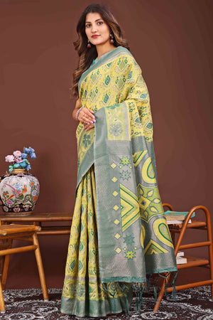 Stunning Zari Woven Yellow Linen Cotton Saree With Graceful Tassel Pallu