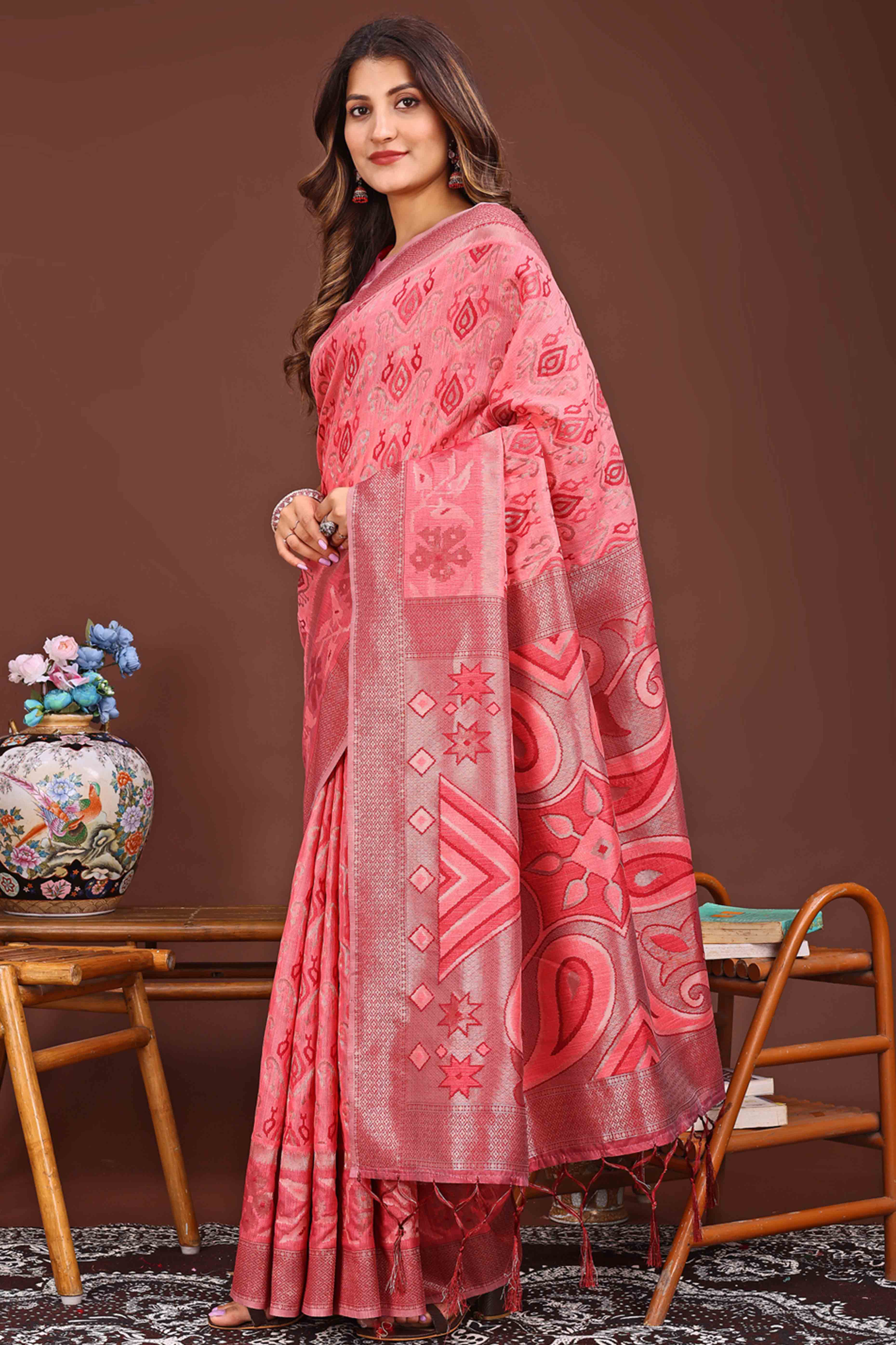 Dazzling Zari Woven Coral Pink Linen Cotton Saree With Graceful Tassel Pallu