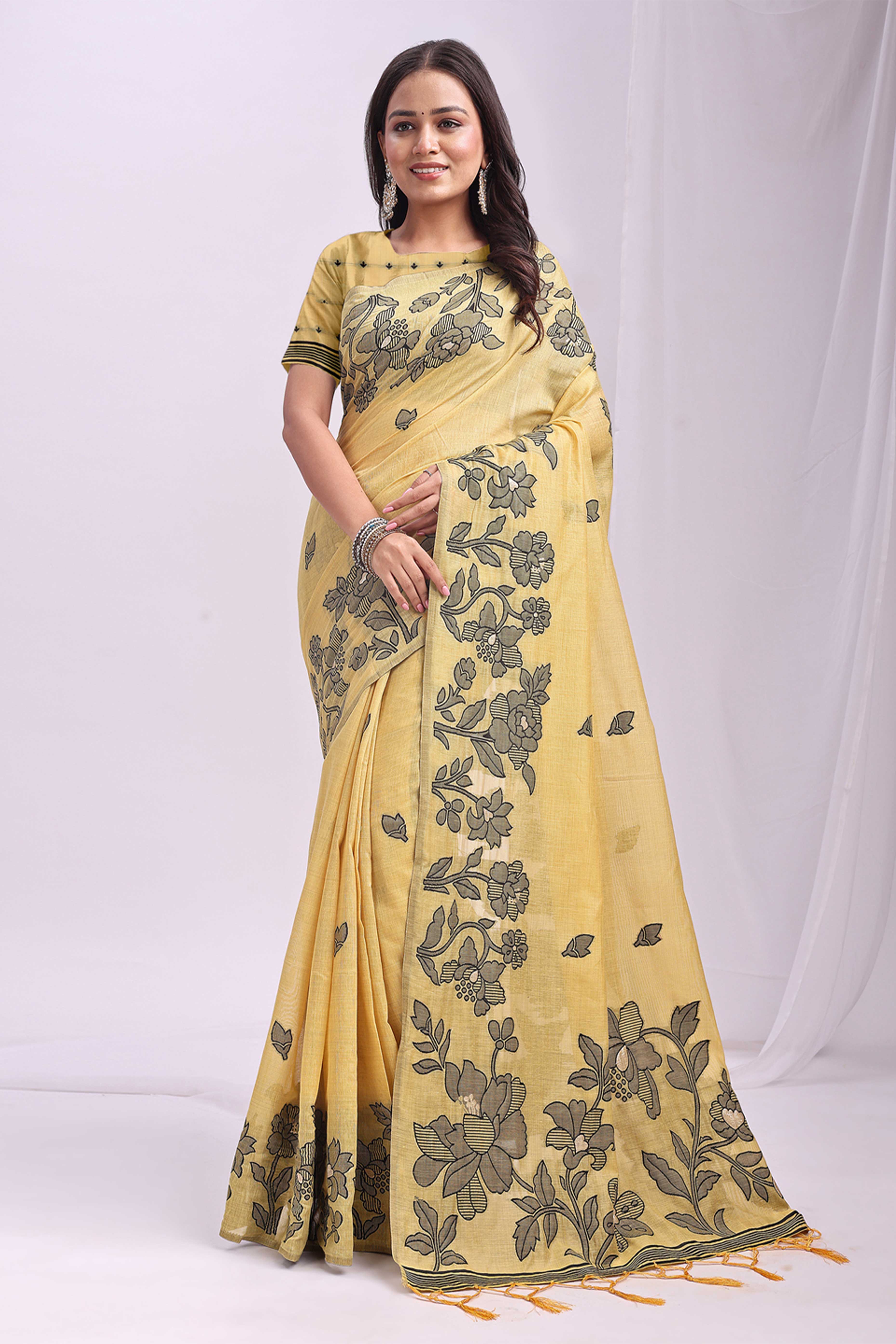 Yellow Ethnic Saree in a Linen Cotton Blend Adorned with Floral Weave Designs