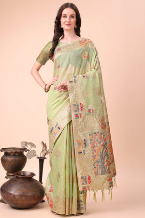 Light Green Zari Woven Linen Cotton Saree With Graceful Tassels