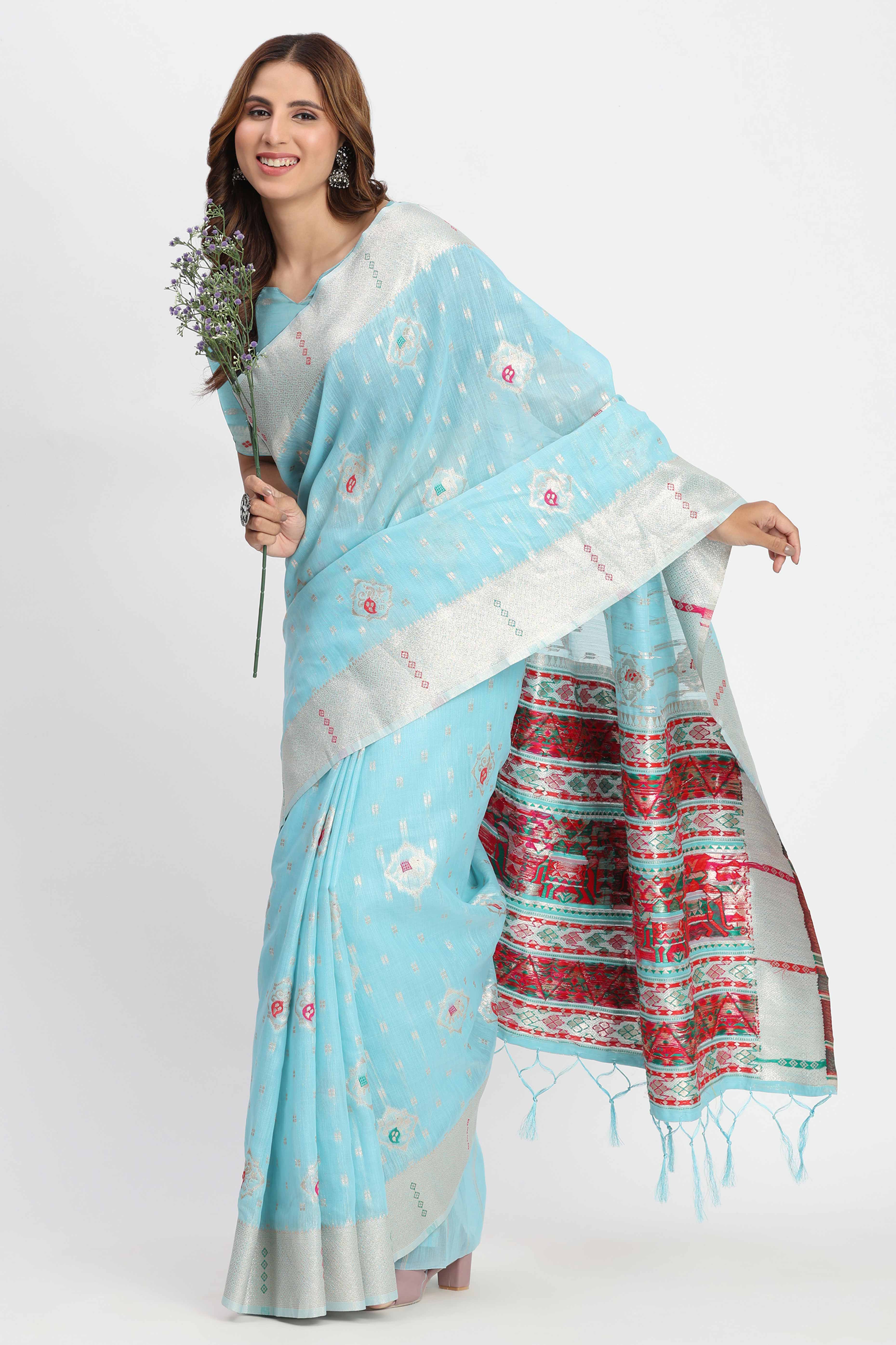 Shimmering Sky Blue linen Cotton Saree Embellished With Rich Zari Weaving And Tassels Pallu