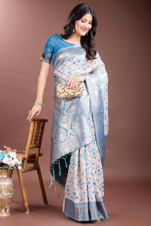 Tranquil Sky Blue Traditional Ikkat Style Zari Weaving Cotton Blend Saree with Charming Tassel Details