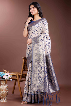 Deep Navy Blue Traditional Ikkat Style Zari Weaving Cotton Blend Saree with Elegant Tassel Embellishments