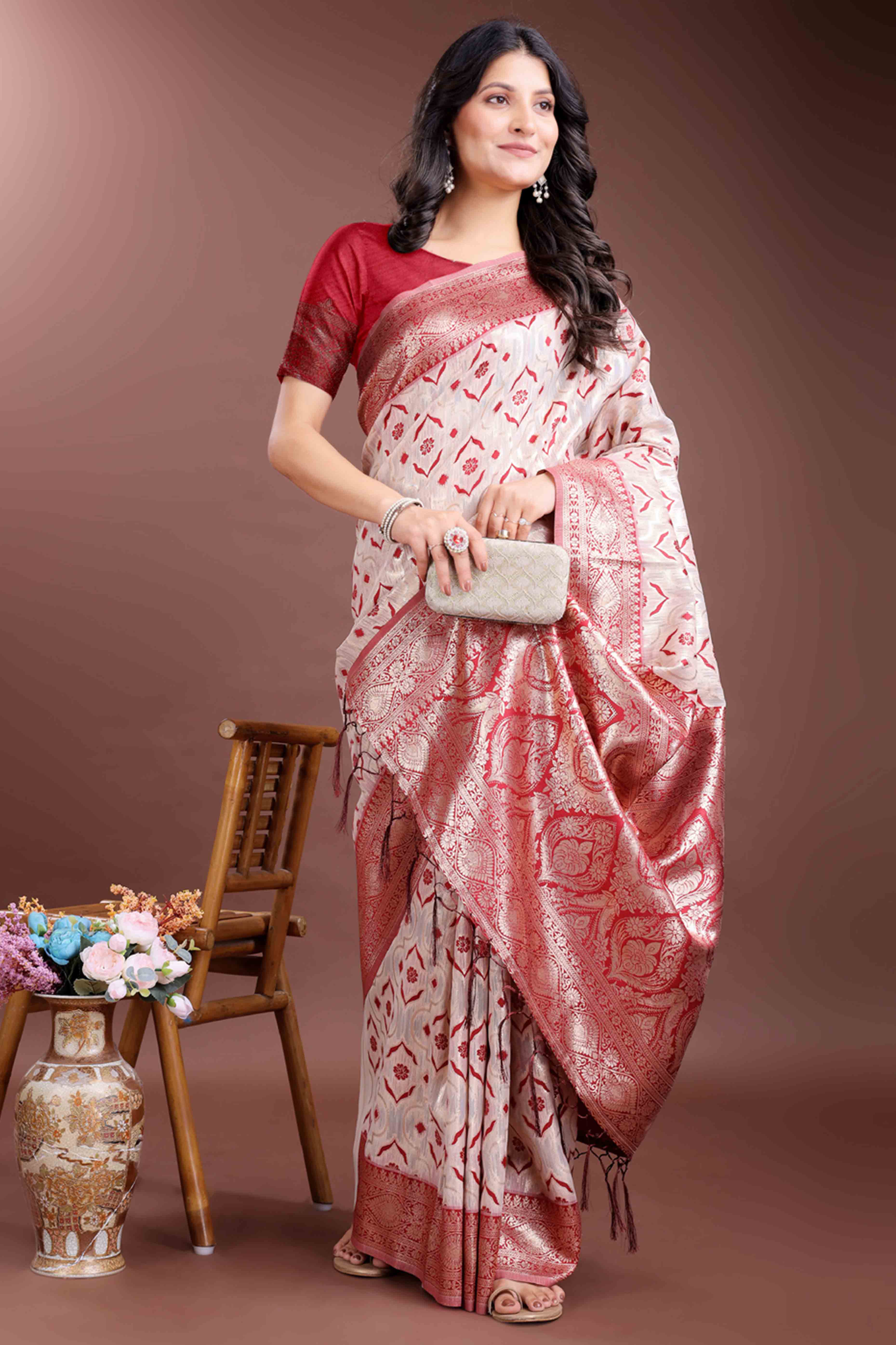 Passionate Red Traditional Ikkat Style Zari Weaving Cotton Blend Saree with Striking Tassel Ornaments