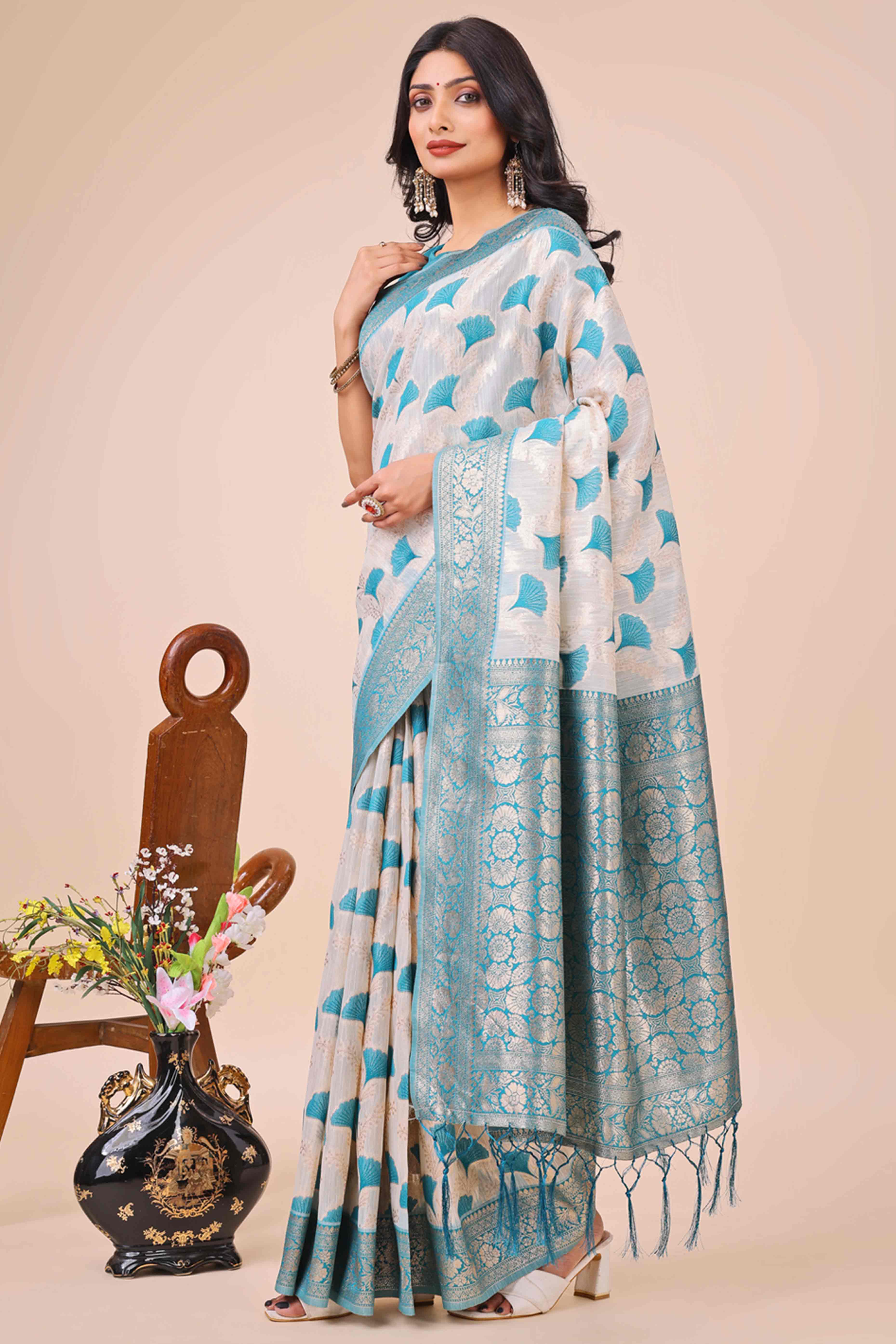 Rama Blue Saree In Linen Cotton With Beautiful Floral Woven Patterns & a Tassel