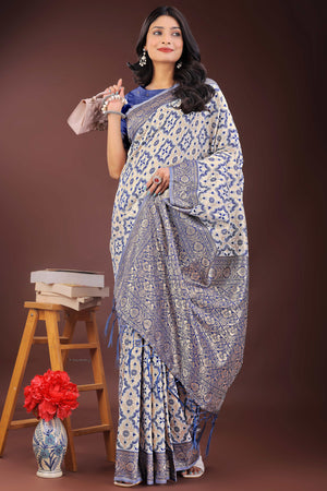 Blue Cotton Blend Saree with Woven Floral Brocade Patterns and Tasseled Borders