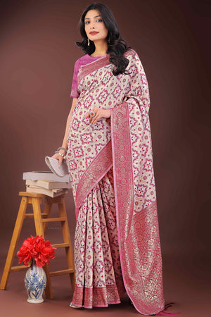 Pink Cotton Blend Saree with Woven Floral Brocade Patterns and Tasseled Borders